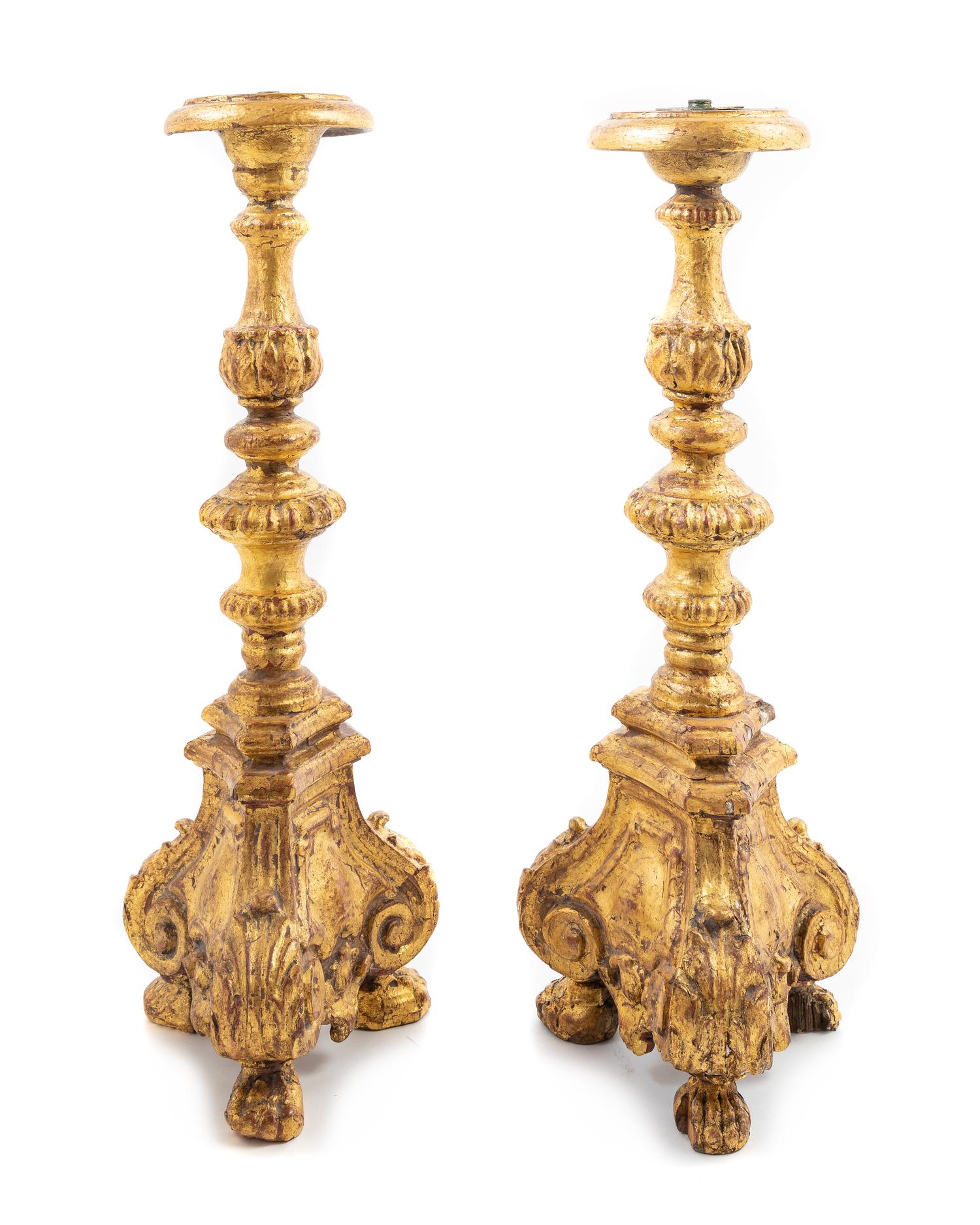 A Pair of Italian Giltwood Prickets