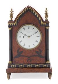 An English Brass and Ebony Inlaid Burlwood Mantel Clock Height 13 1/2 inches. — HENRY THOMPSON, LONDON