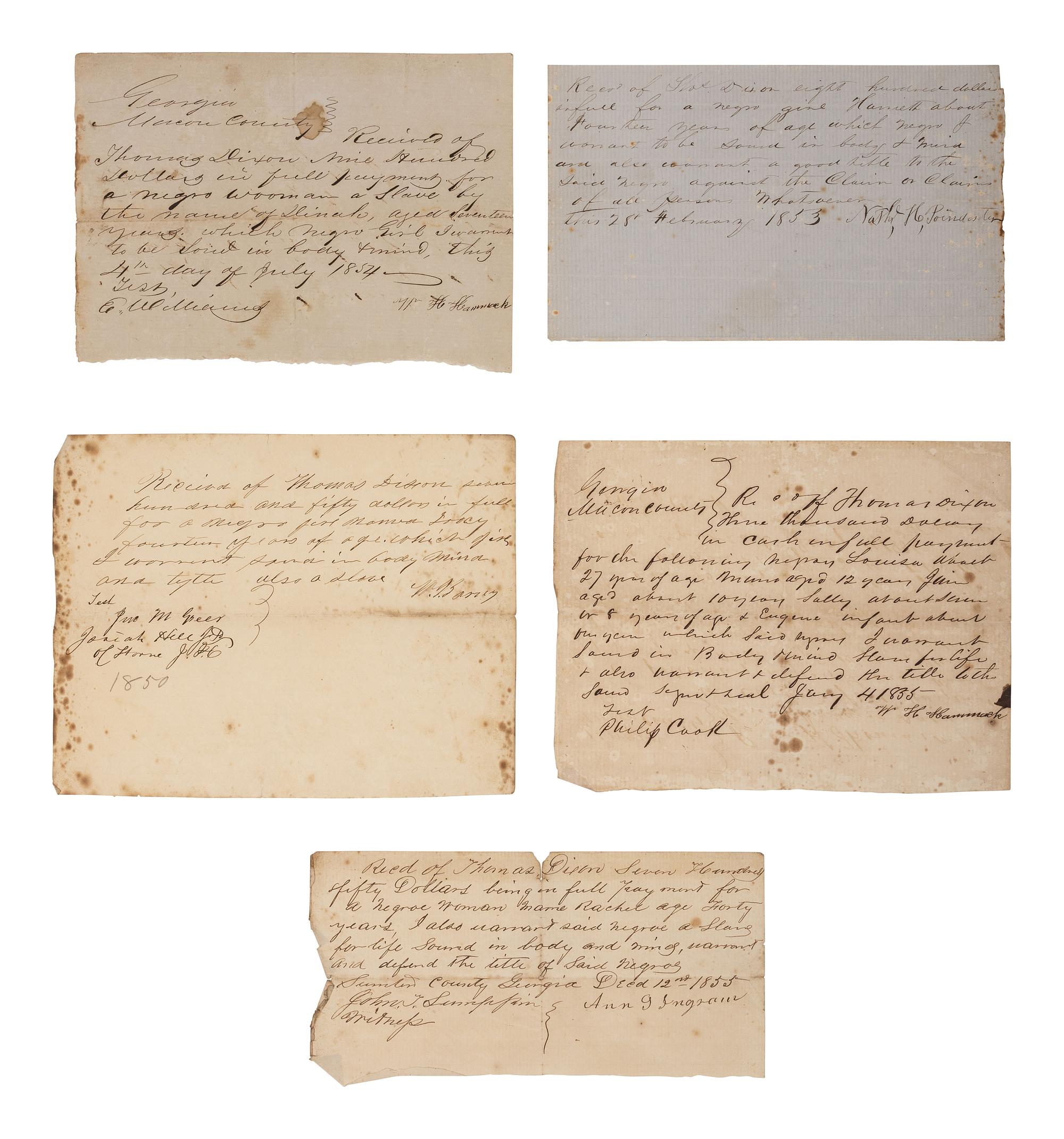 [SLAVERY & ABOLITION]. Bills of sale for African Americans enslaved by Thomas Dixon (1815-1879), Sheriff of Macon County, Georgia.