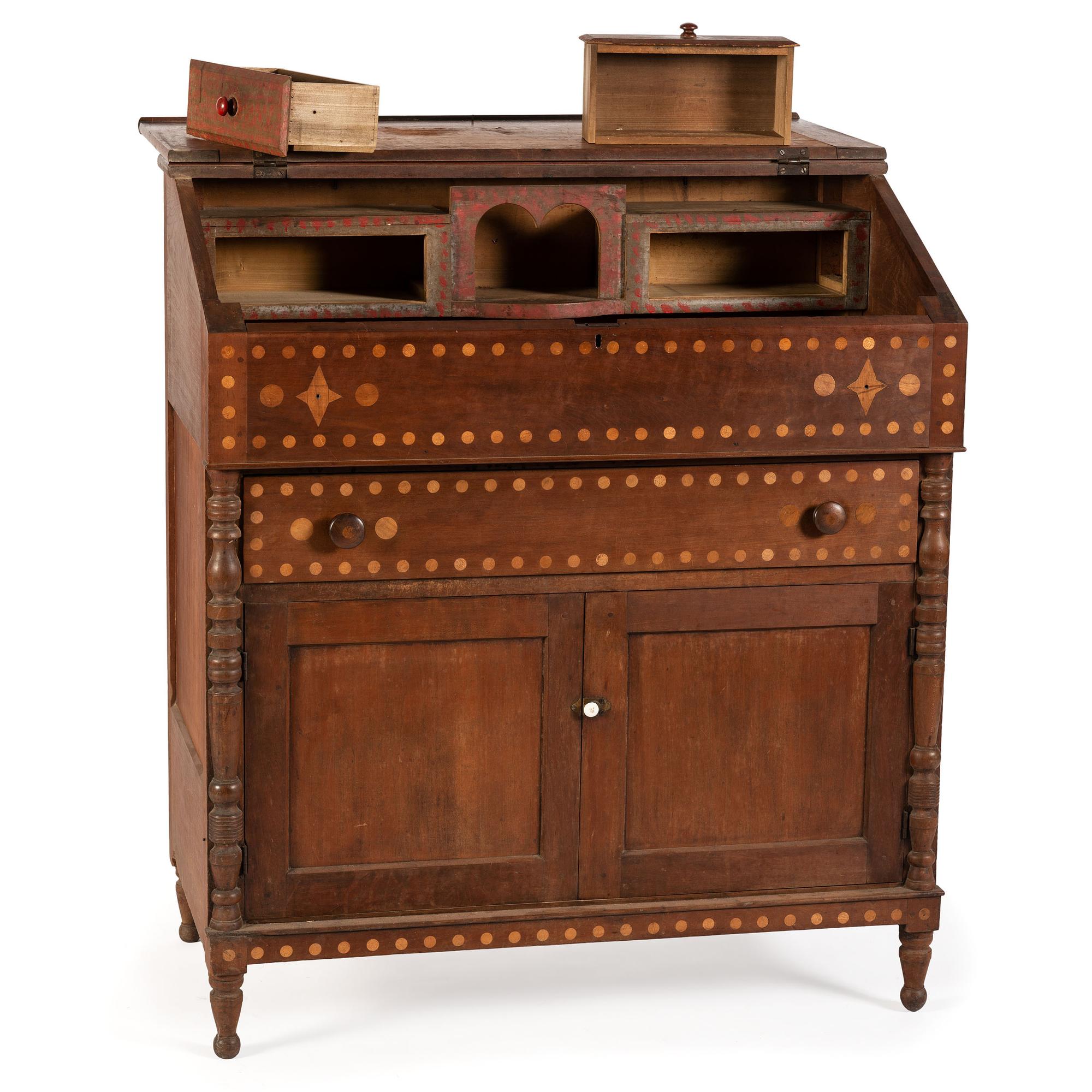 An Ohio Mennonite Inlaid Walnut and Cherrywood Slant Front Desk and Cupboard