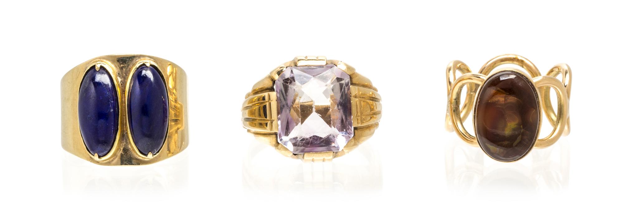 A Collection of Yellow Gold and Multigem Rings, 13.10 dwts.