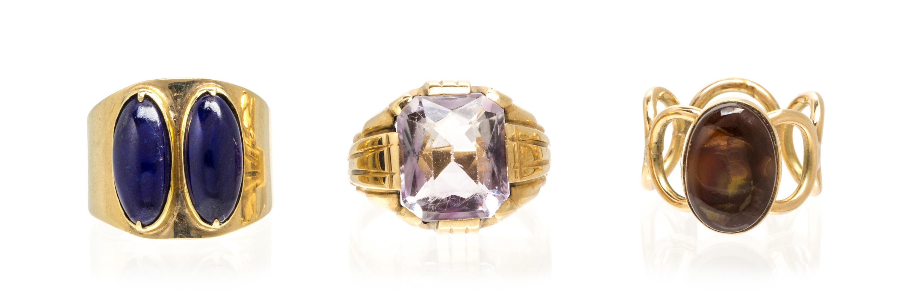 A Collection of Yellow Gold and Multigem Rings, 13.10 dwts.