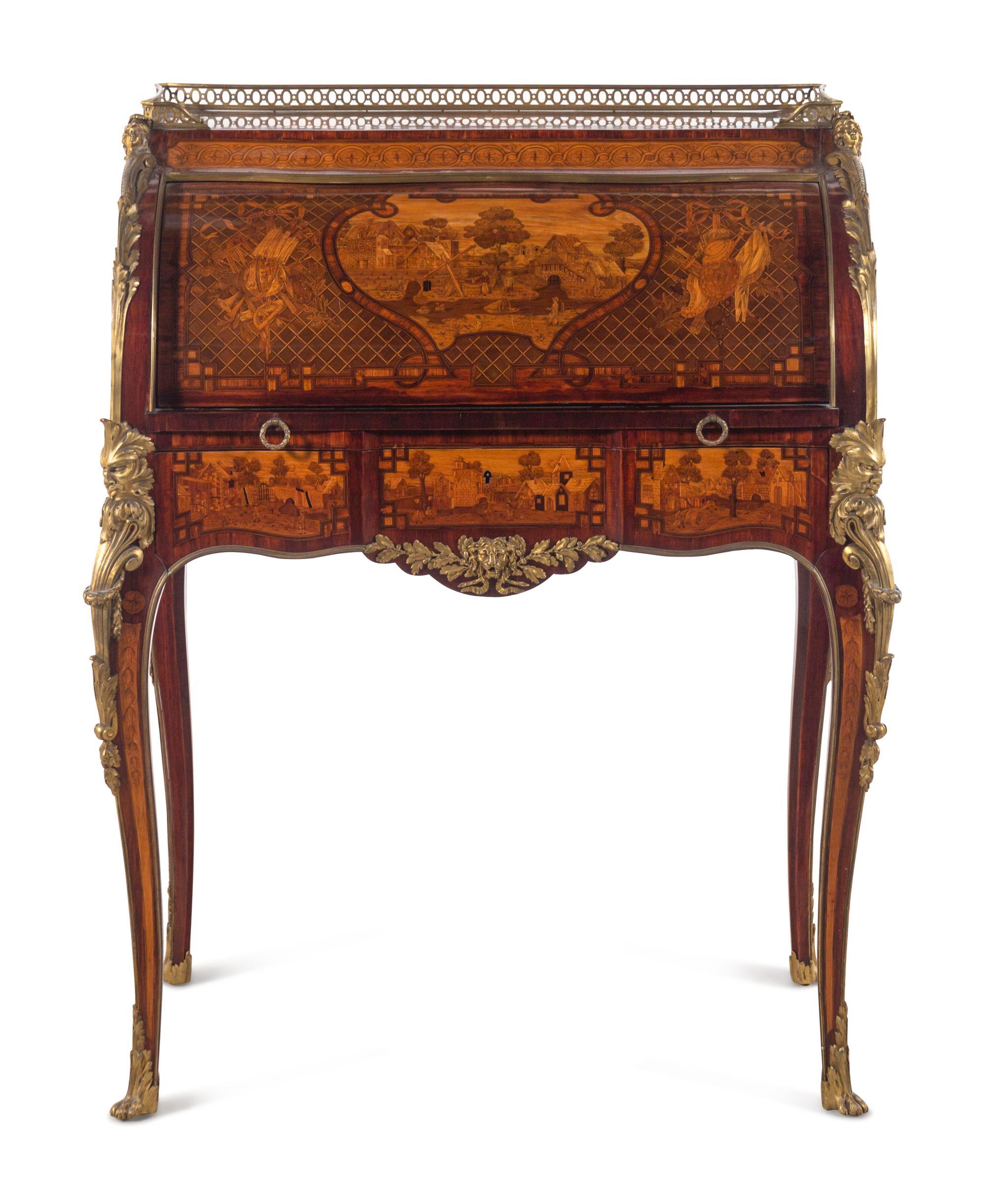 A Louis XV Style Gilt Bronze Mounted Marquetry Cylinder Bureau