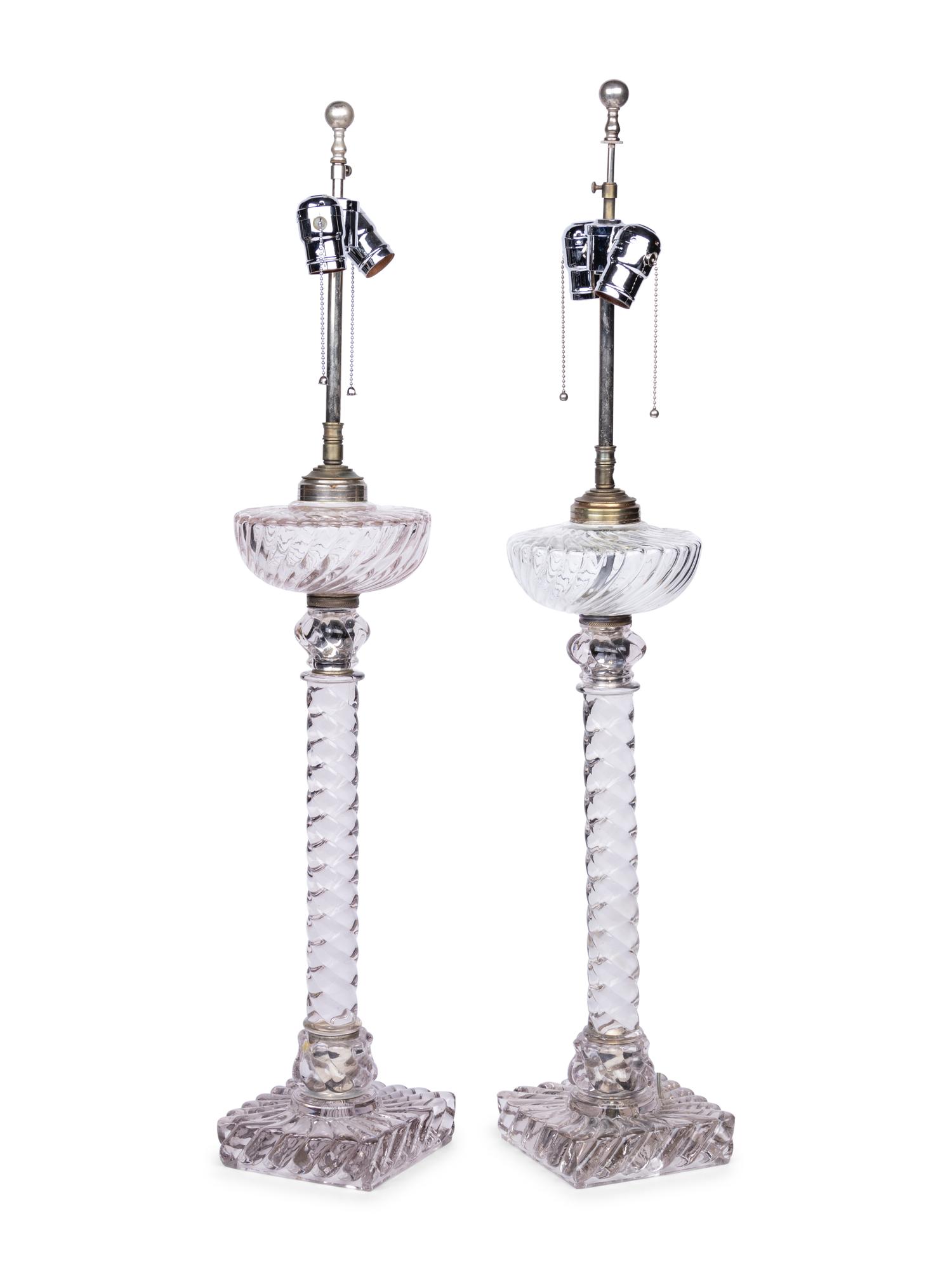 A Pair of English Cut Glass Fluid Lamps Converted to Electricity