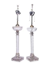 A Pair of English Cut Glass Fluid Lamps Converted to Electricity