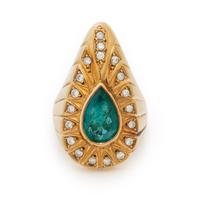Synthetic Emerald, Diamond, and Yellow Gold Ring
