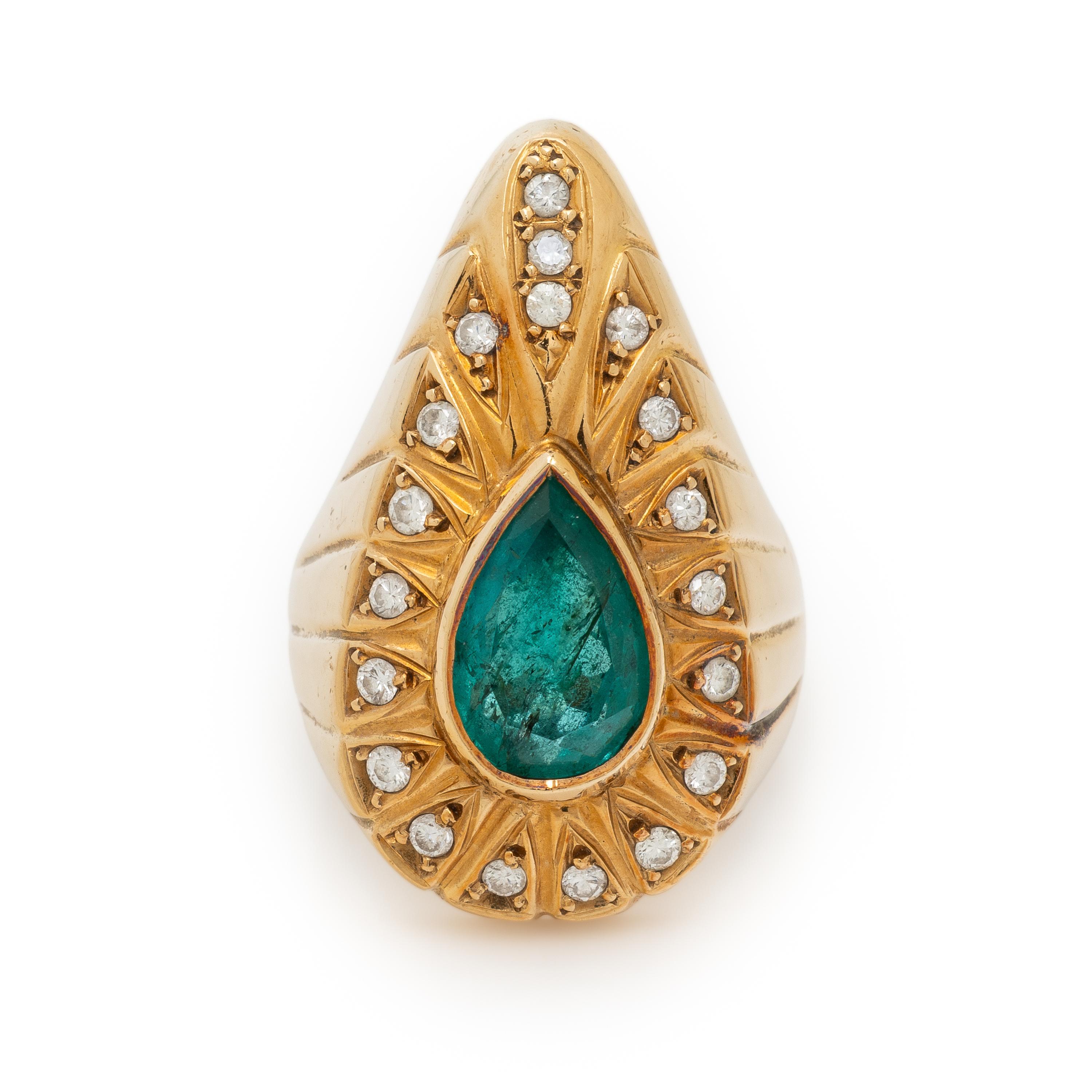 Synthetic Emerald, Diamond, and Yellow Gold Ring