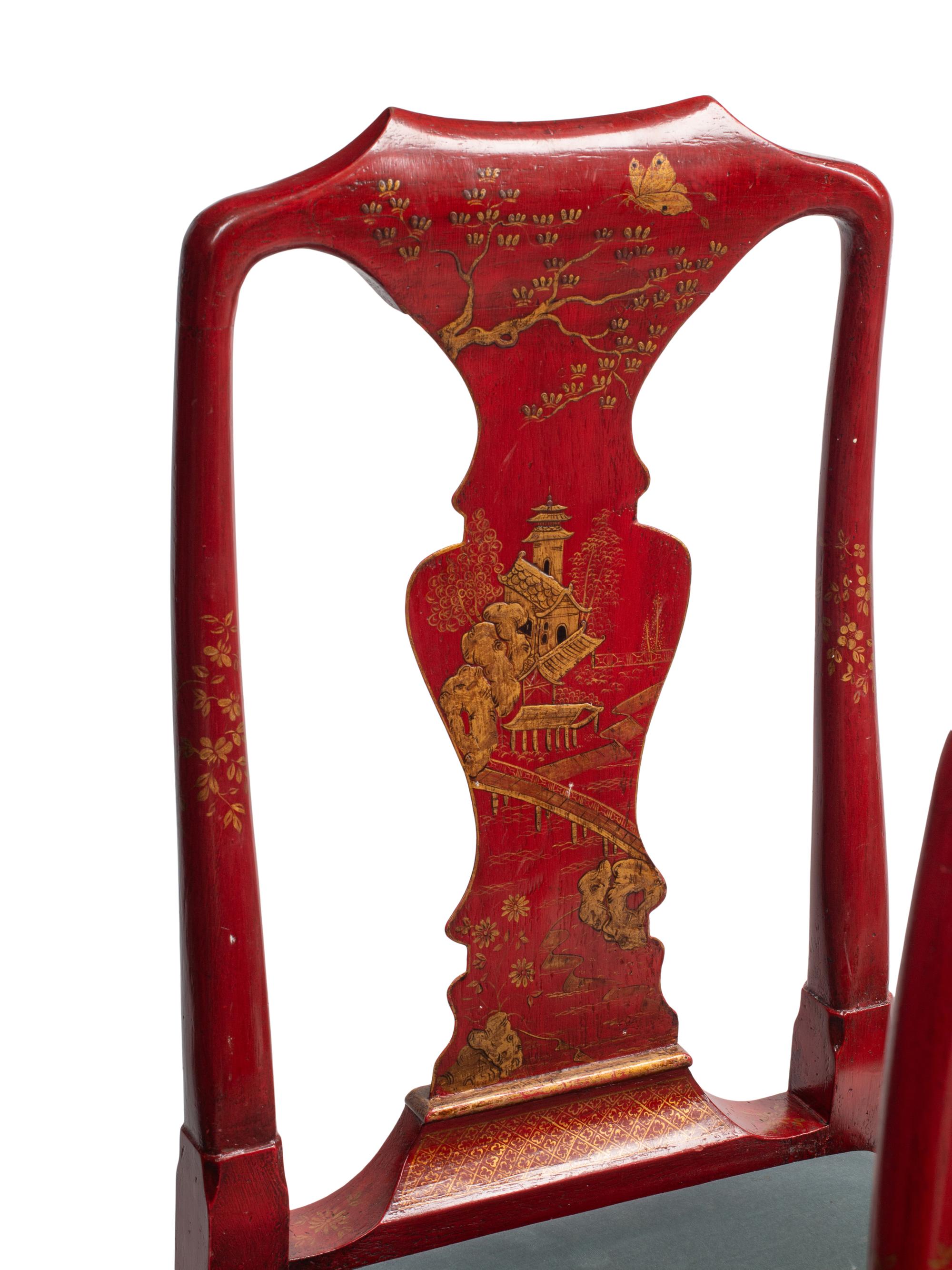 A Set of Eight Queen Anne Style Red and Gilt Japanned Dining Chairs