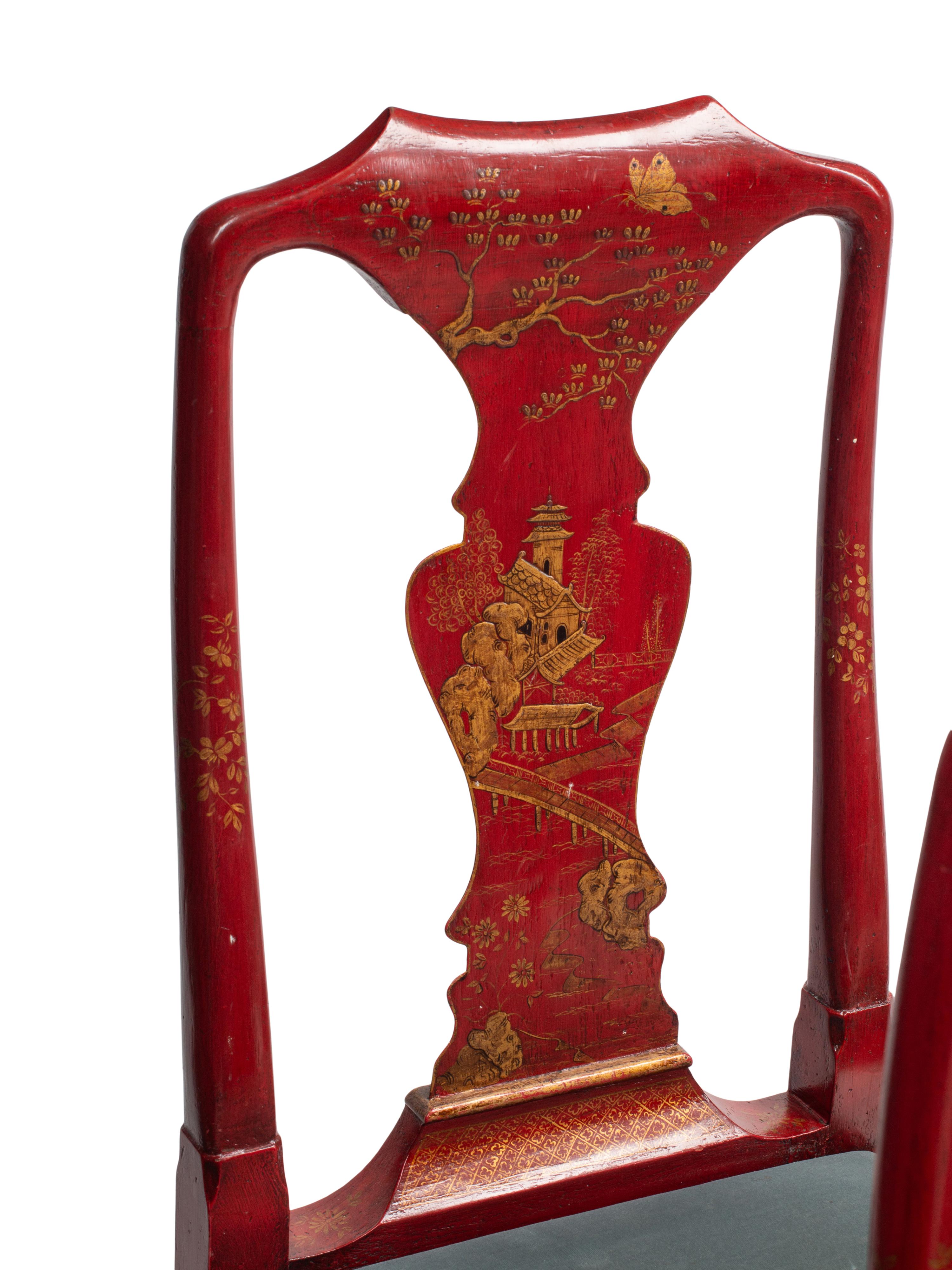 A Set of Eight Queen Anne Style Red and Gilt Japanned Dining Chairs