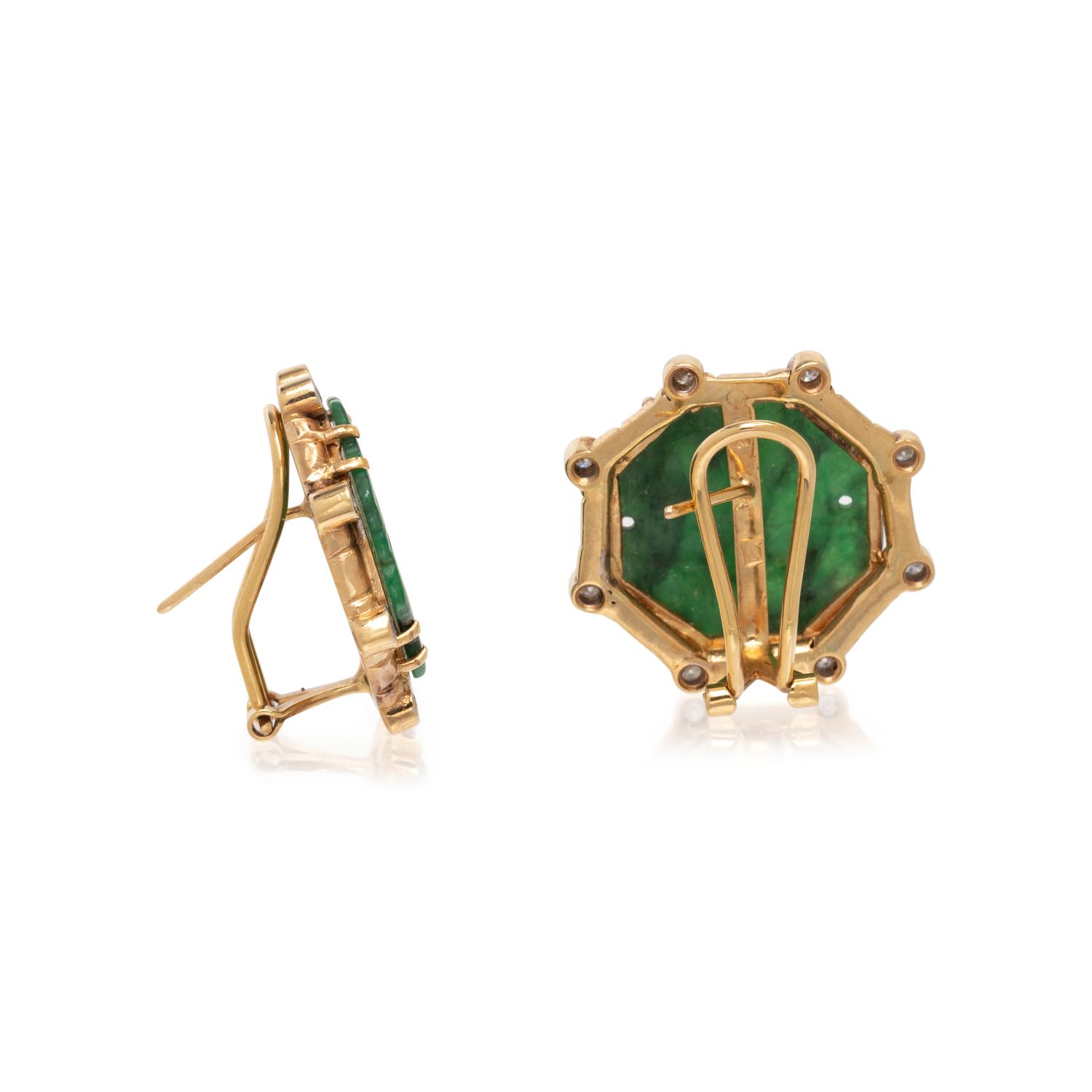CARVED JADE AND DIAMOND EARCLIPS