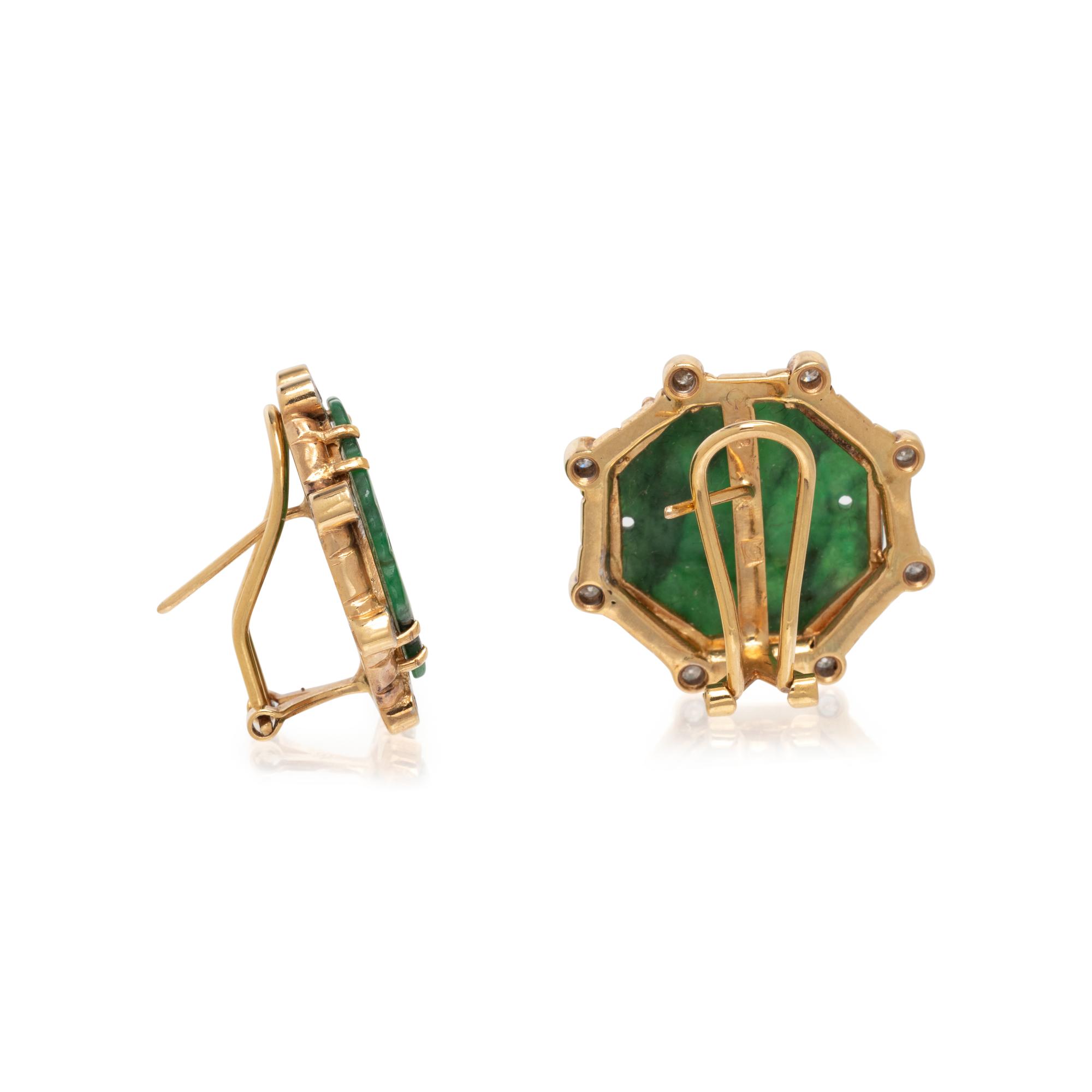 CARVED JADE AND DIAMOND EARCLIPS