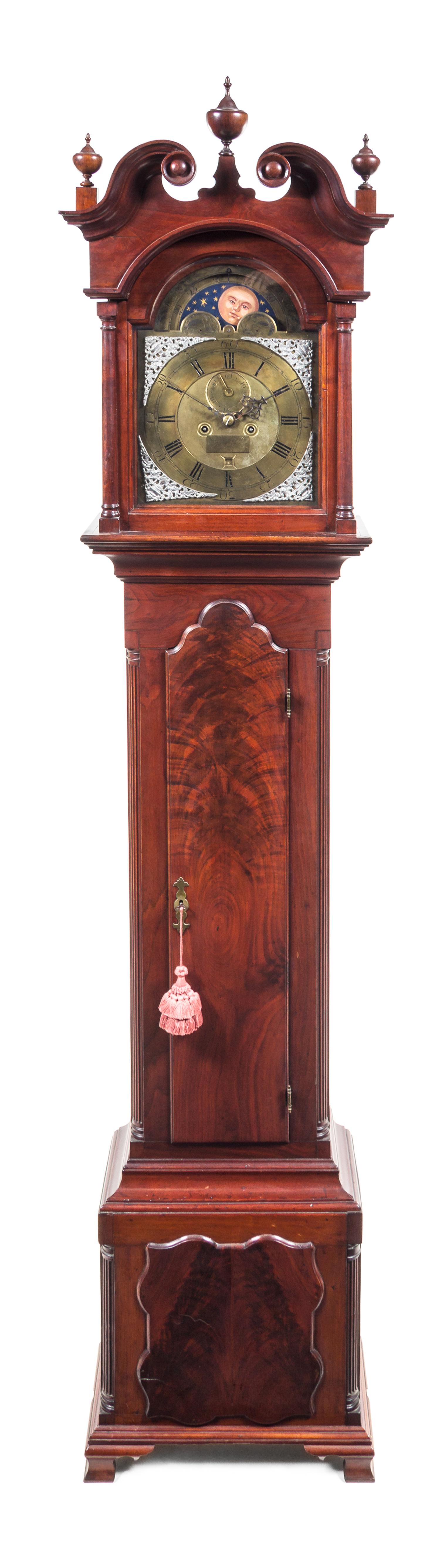 A Chippendale Mahogany Tall Case Clock Height 96 1/2 x width 21 1/2 x depth 10 3/4 inches. — WORKS BY JACOB GODSCHALK, PHILADELPHIA, CIRCA 1770