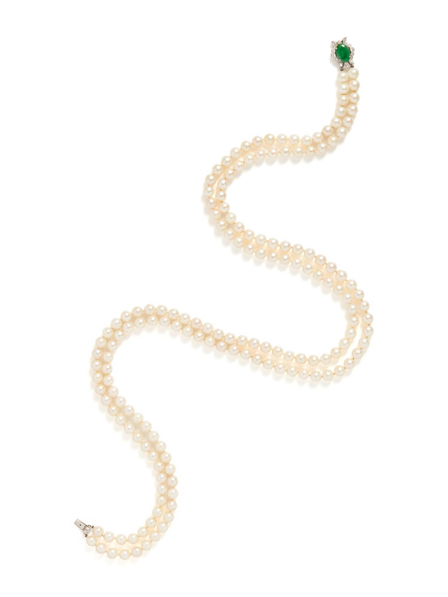 CULTURED PEARL, PLATINUM, DIAMOND AND JADE NECKLACE