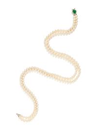 CULTURED PEARL, PLATINUM, DIAMOND AND JADE NECKLACE