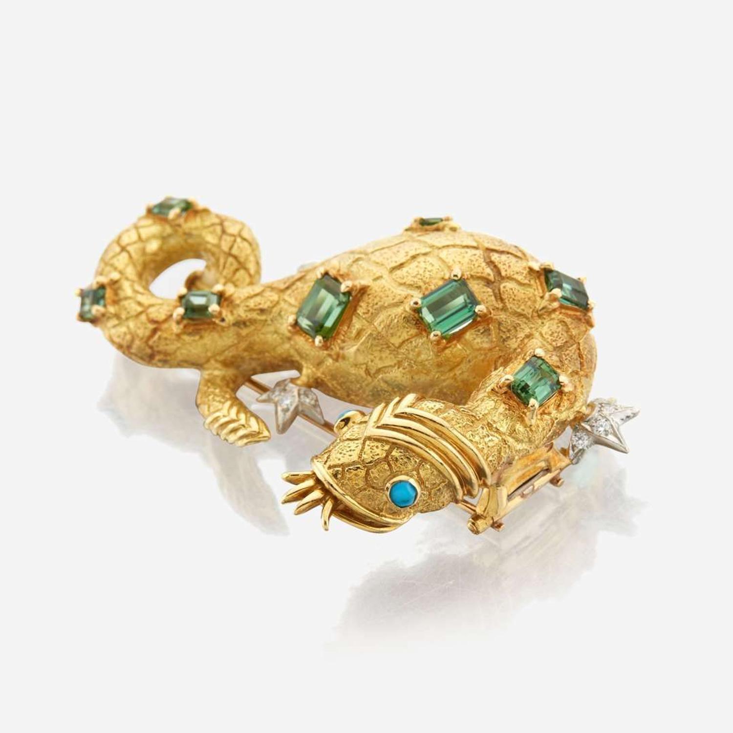 A gold, platinum, tourmaline, diamond, and turquoise brooch, Tiffany & Co. Schlumberger