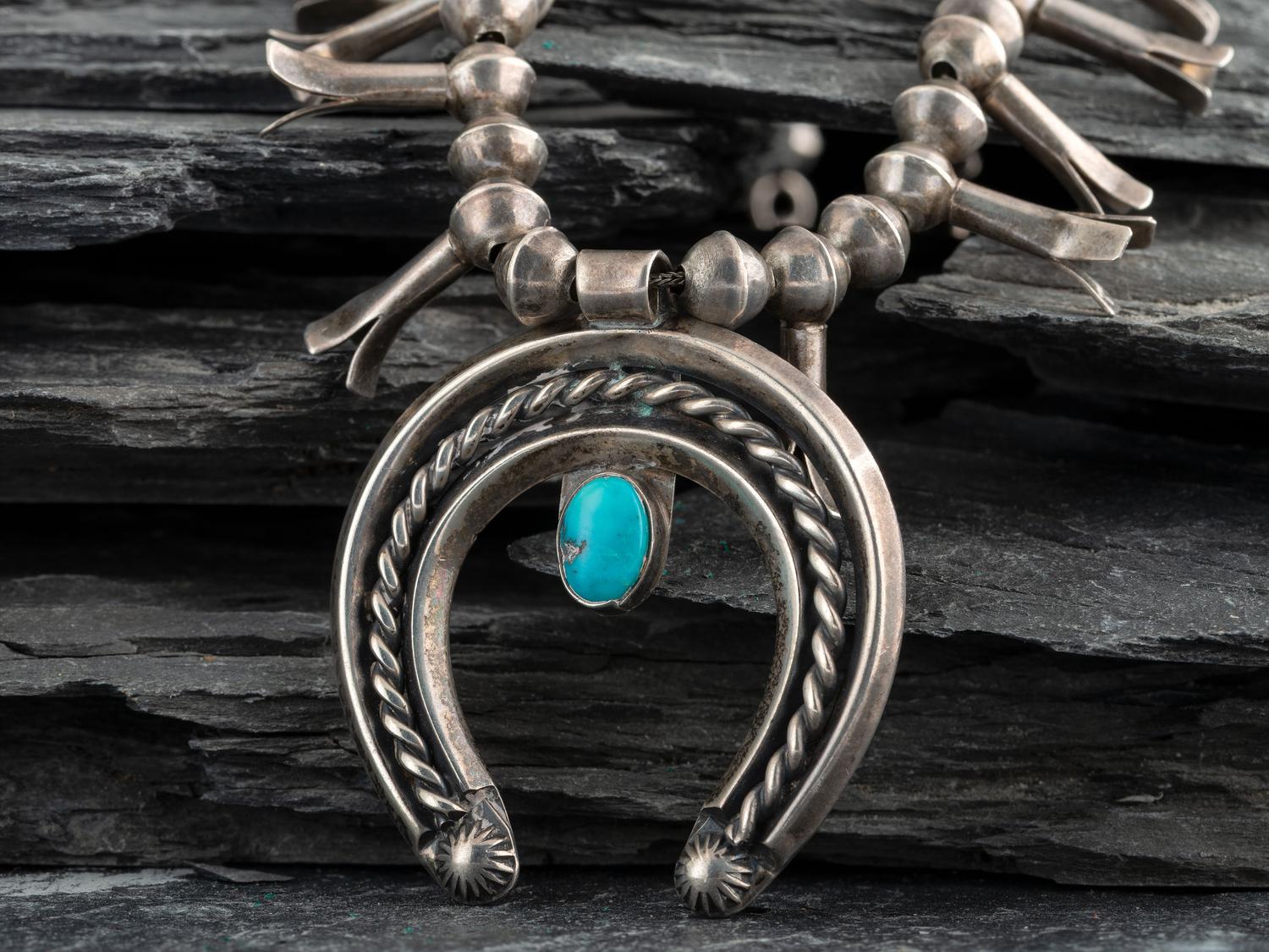 Petite Navajo Silver and Turquoise Squash Blossom Necklace