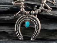 Petite Navajo Silver and Turquoise Squash Blossom Necklace