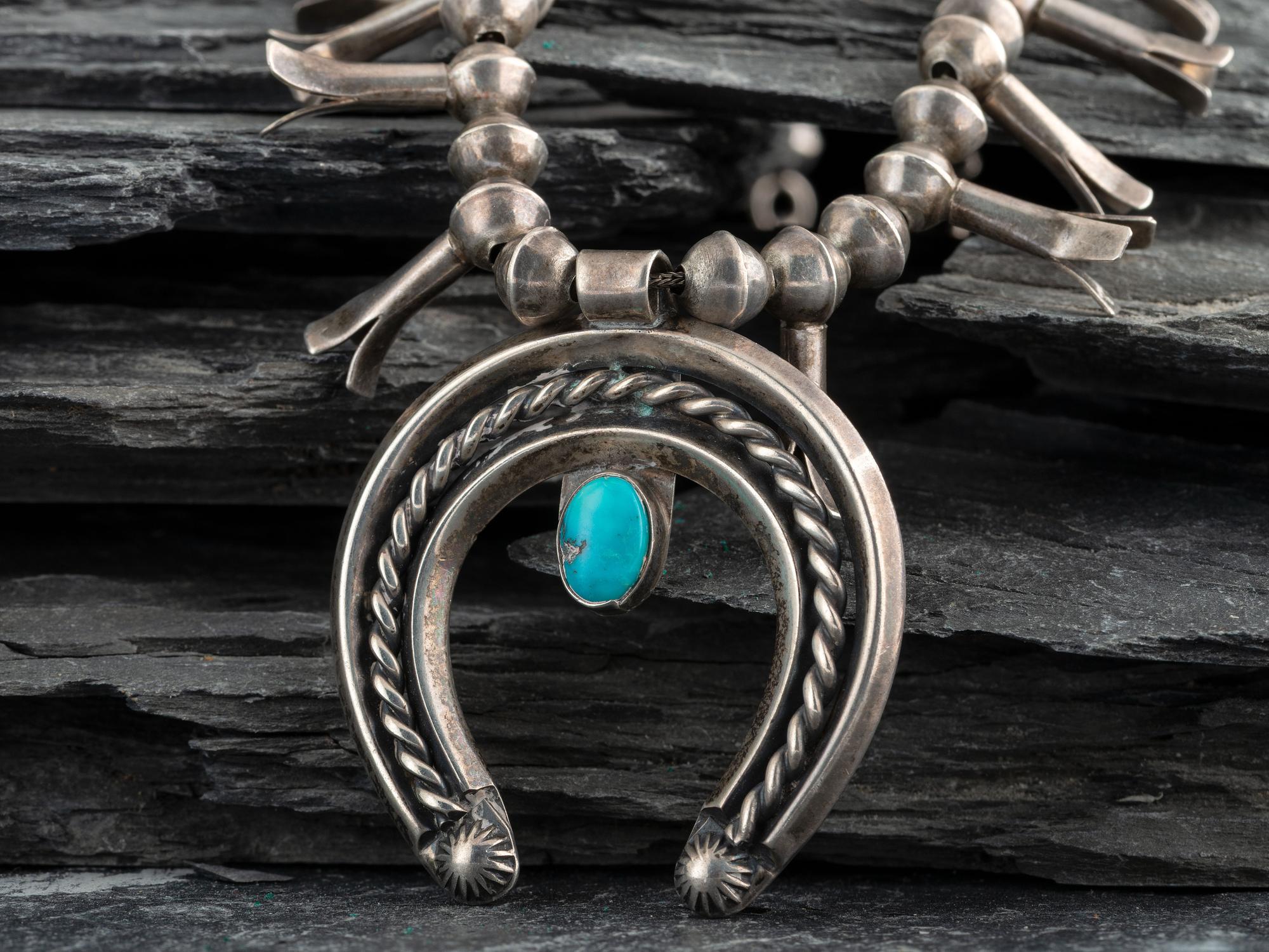Petite Navajo Silver and Turquoise Squash Blossom Necklace