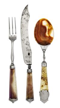 An Austrian Silver and Hardstone Dessert Service, Maker's marks obscured, Vienna , 1832, comprising 10 dessert knives, 11 dessert forks