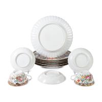 Six Rose Medallion Porcelain Plates and Three Cups and Saucers