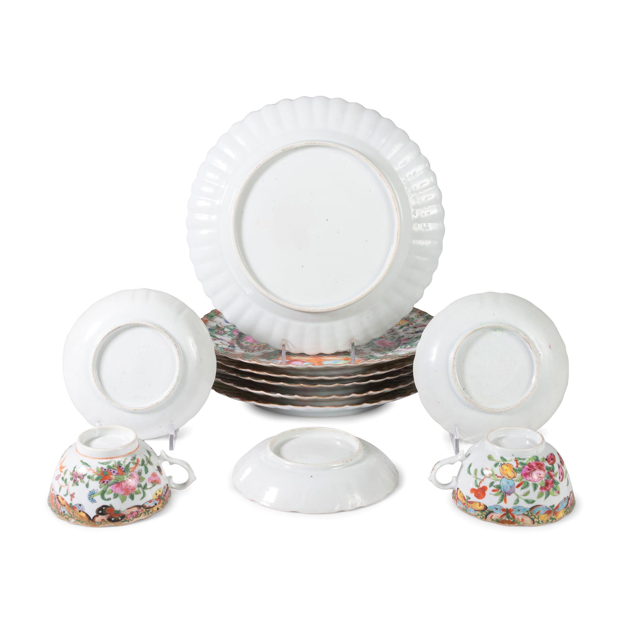 Six Rose Medallion Porcelain Plates and Three Cups and Saucers