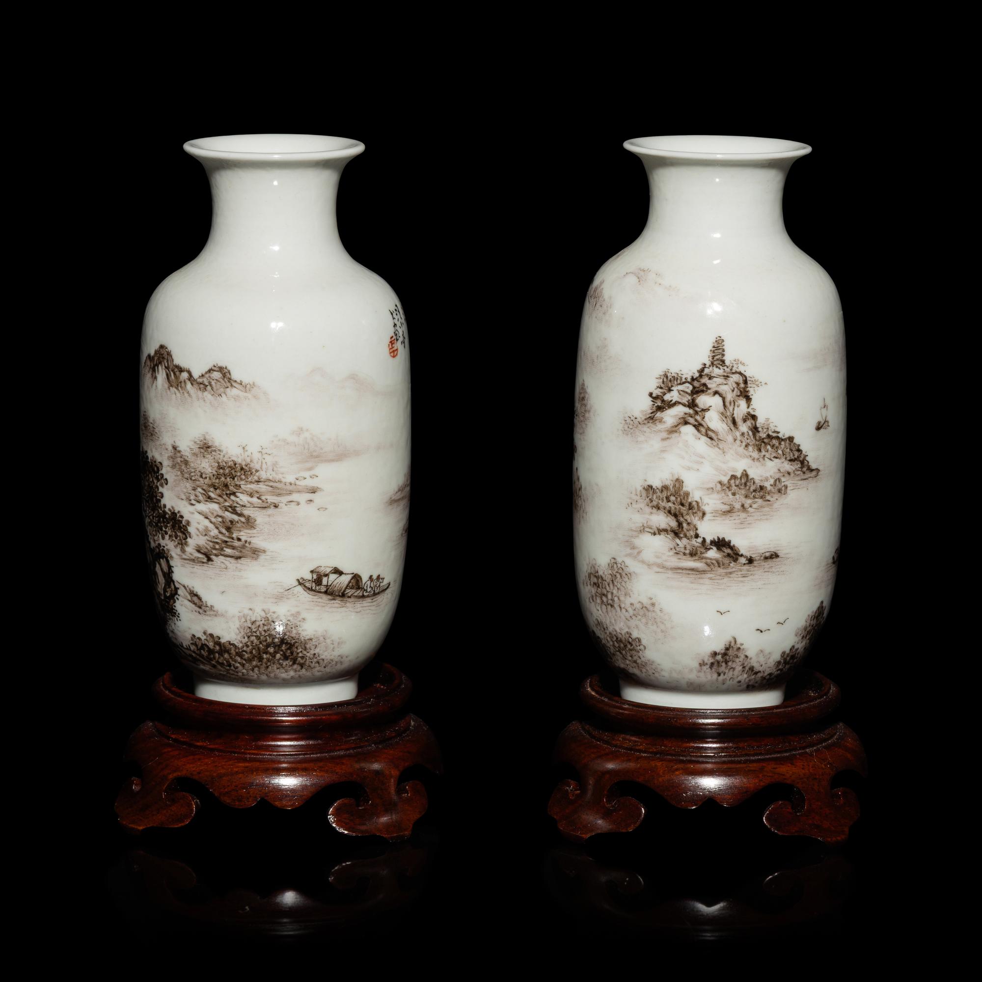 A Pair of Small Chinese Grisaille Decorated 'Landscape' Porcelain Vases, Early-Mid 20th Century — 近代 墨彩山水圖燈籠瓶一對 帶木座