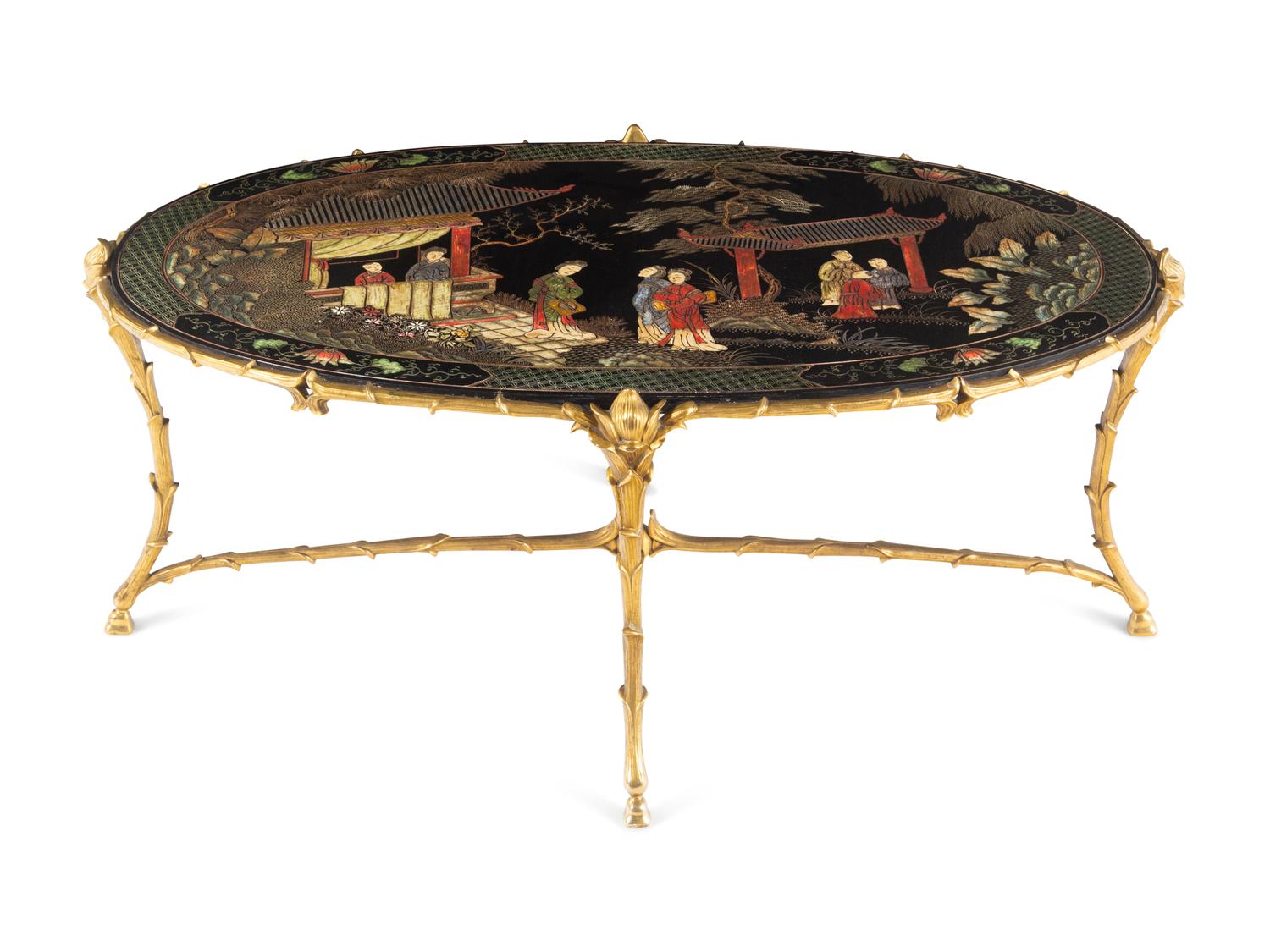 A Maison Baguès Faux Bamboo Gilt Bronze and Chinese Lacquer Low Table