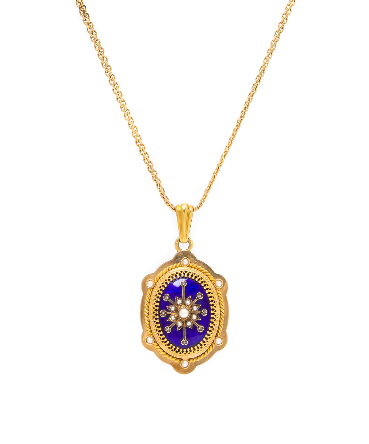 An 18 Karat Yellow Gold, Seed Pearl, Diamond and Enamel Locket Pendant and Necklace, French, 19.80 dwts.