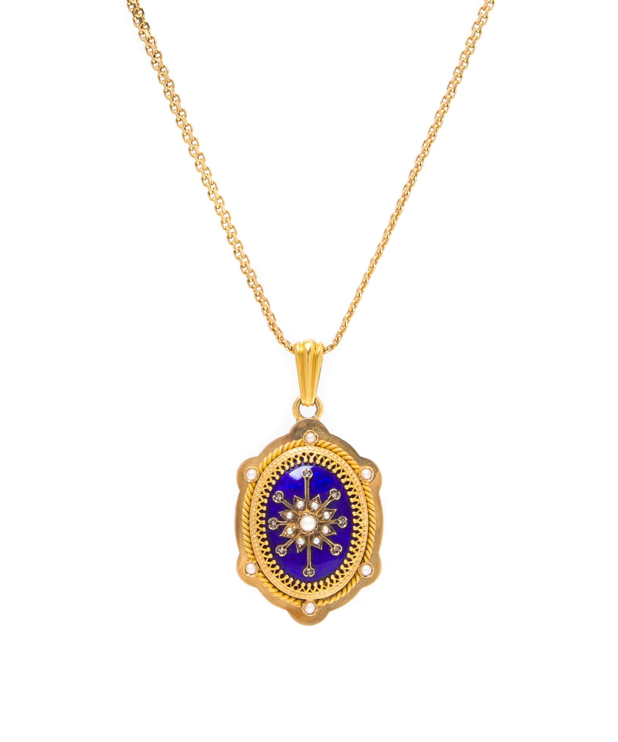 An 18 Karat Yellow Gold, Seed Pearl, Diamond and Enamel Locket Pendant and Necklace, French, 19.80 dwts.