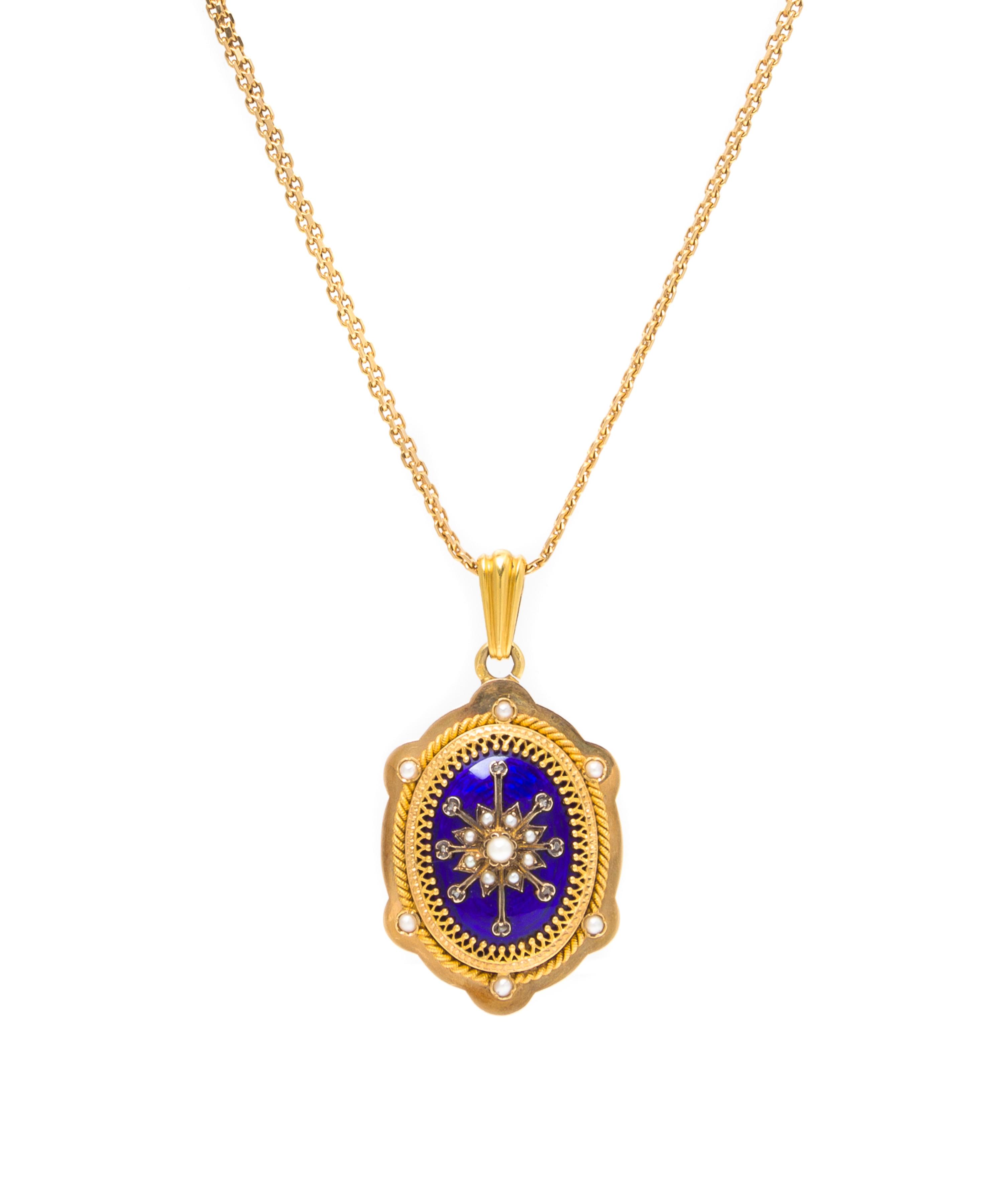 An 18 Karat Yellow Gold, Seed Pearl, Diamond and Enamel Locket Pendant and Necklace, French, 19.80 dwts.