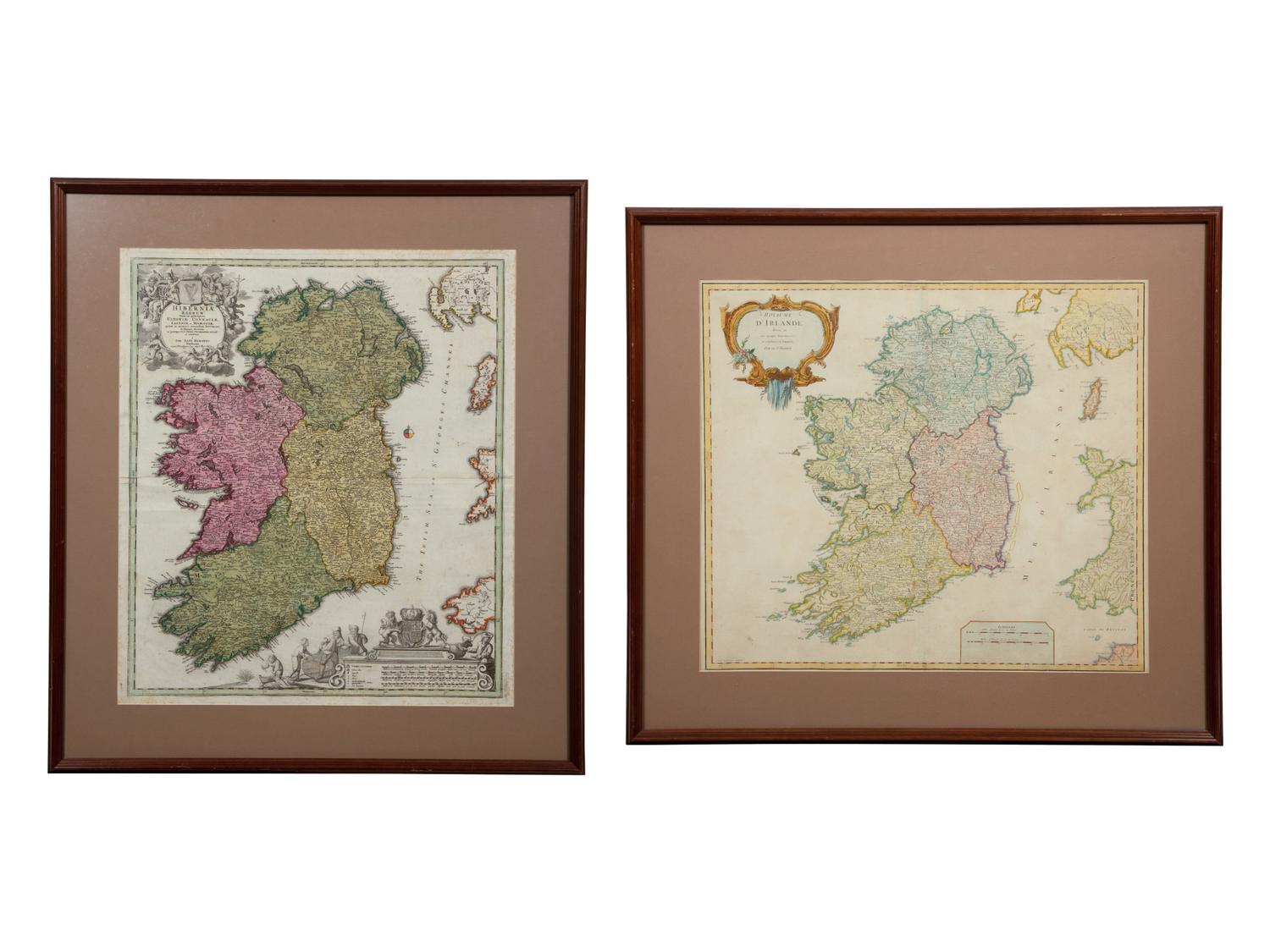 Two Hand-Colored Engravings Depicting Maps of Ireland