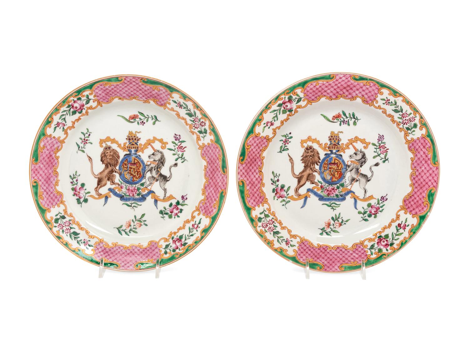 A Pair of Samson Famille Rose Porcelain Armorial Dinner Plates