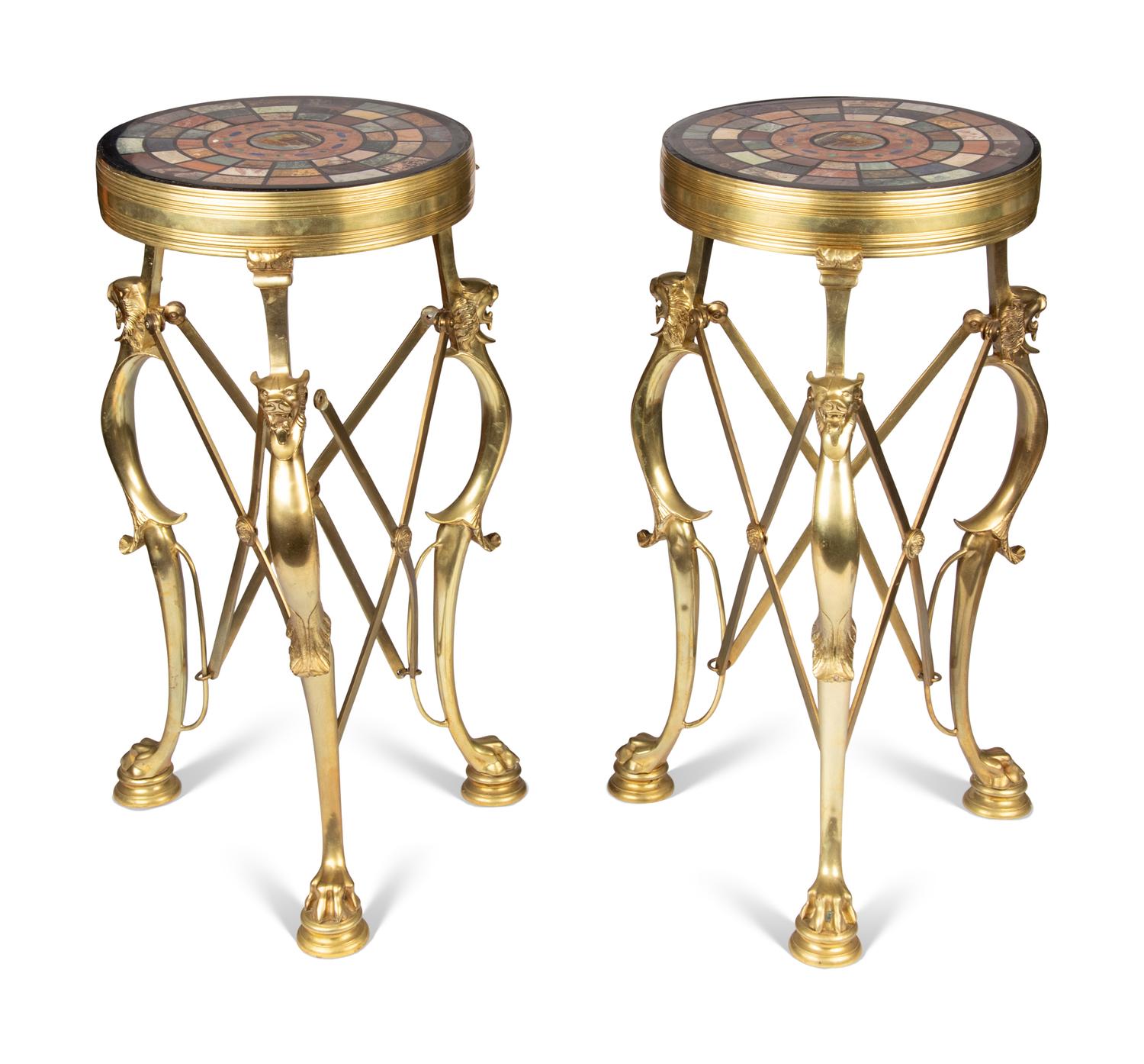 A Pair of Italian Grand Tour Style Pietra Dura and Micromosaic Inset Gilt Bronze Gu é ridons
