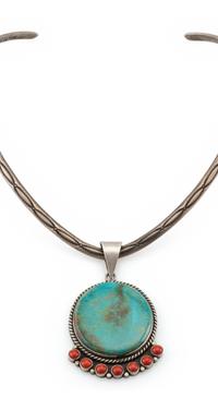Stamped Sterling Silver Collar, with Turquoise and Coral Pendant