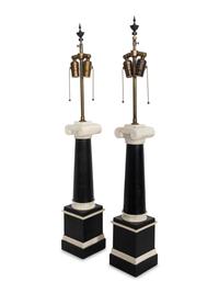 A Pair of Tesselated Bone and Ebonized Oak Ionic Columnar Table Lamps