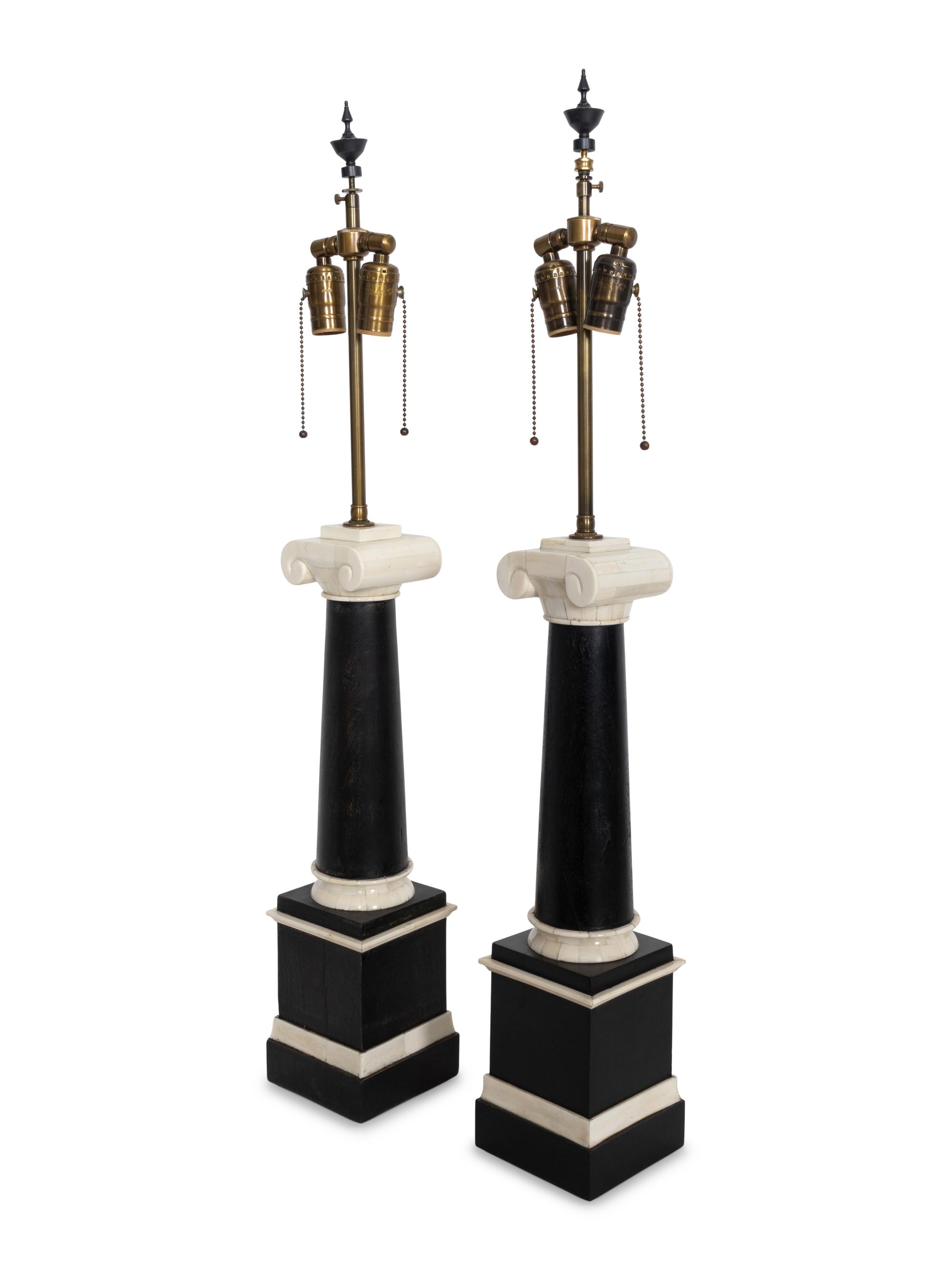 A Pair of Tesselated Bone and Ebonized Oak Ionic Columnar Table Lamps