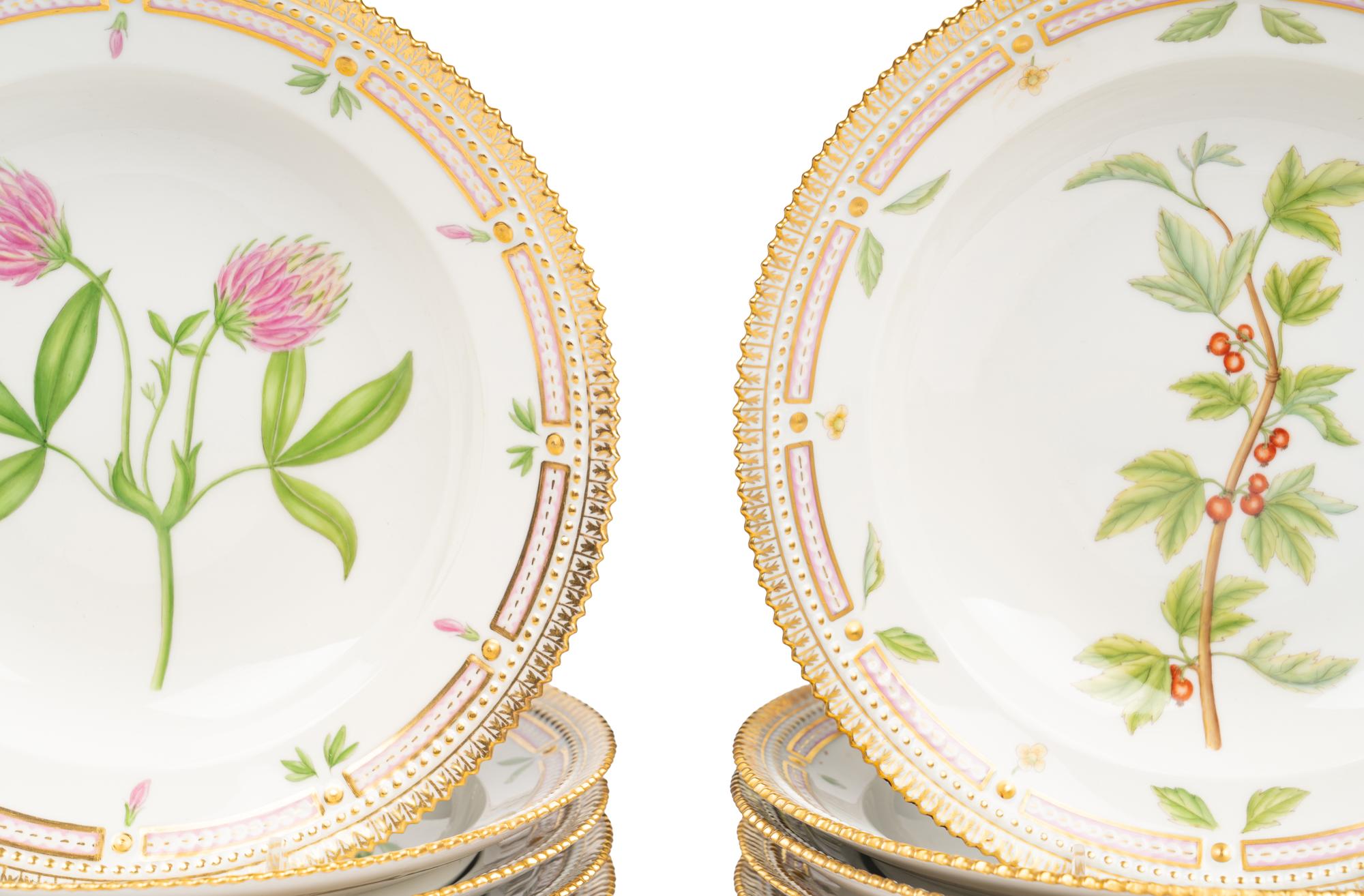 A Set of Fourteen Royal Copenhagen Flora Danica Porcelain Soup Plates