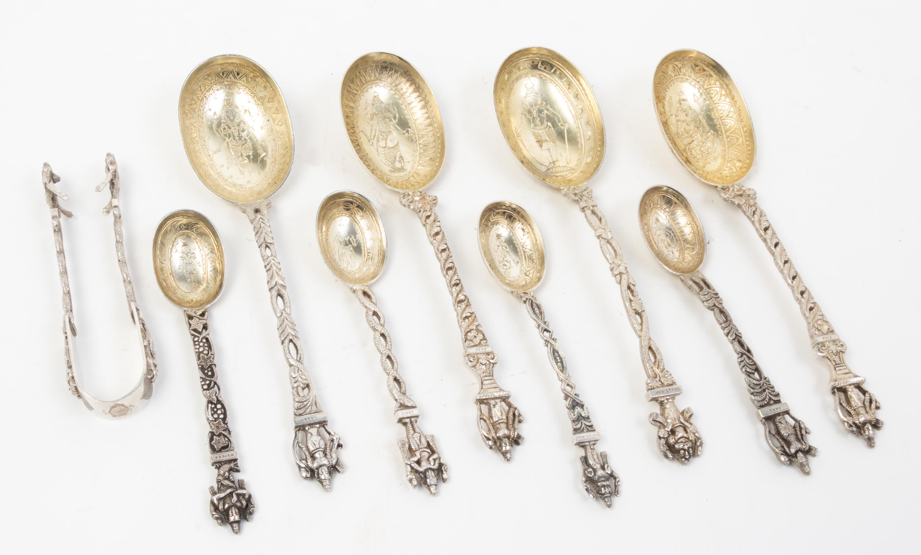 A Group of Southeast Asian Silver Articles, , comprising four spoons, four serving spoons, one pair of tongs, and two bowls.
