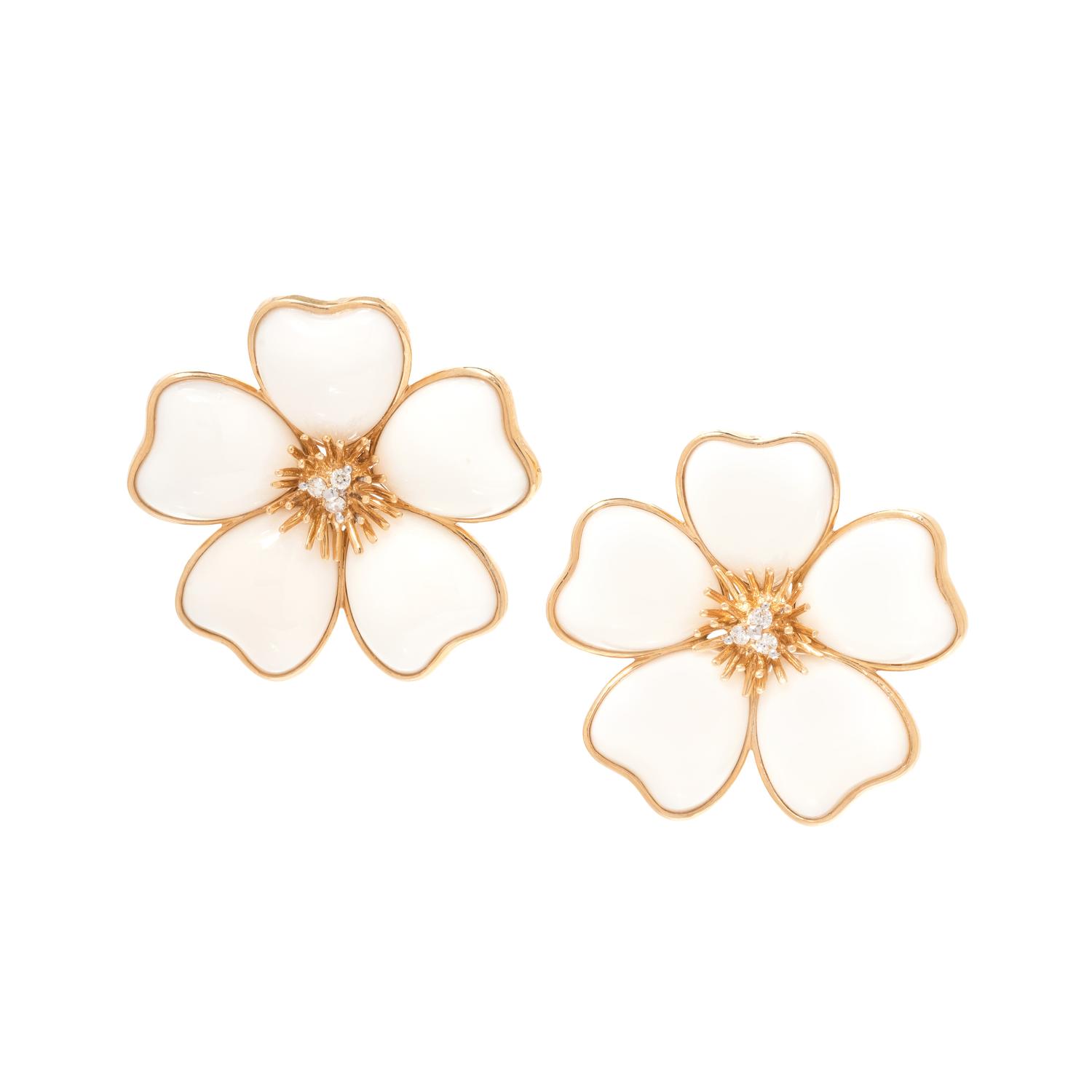 CORAL AND DIAMOND FLOWER EARCLIPS