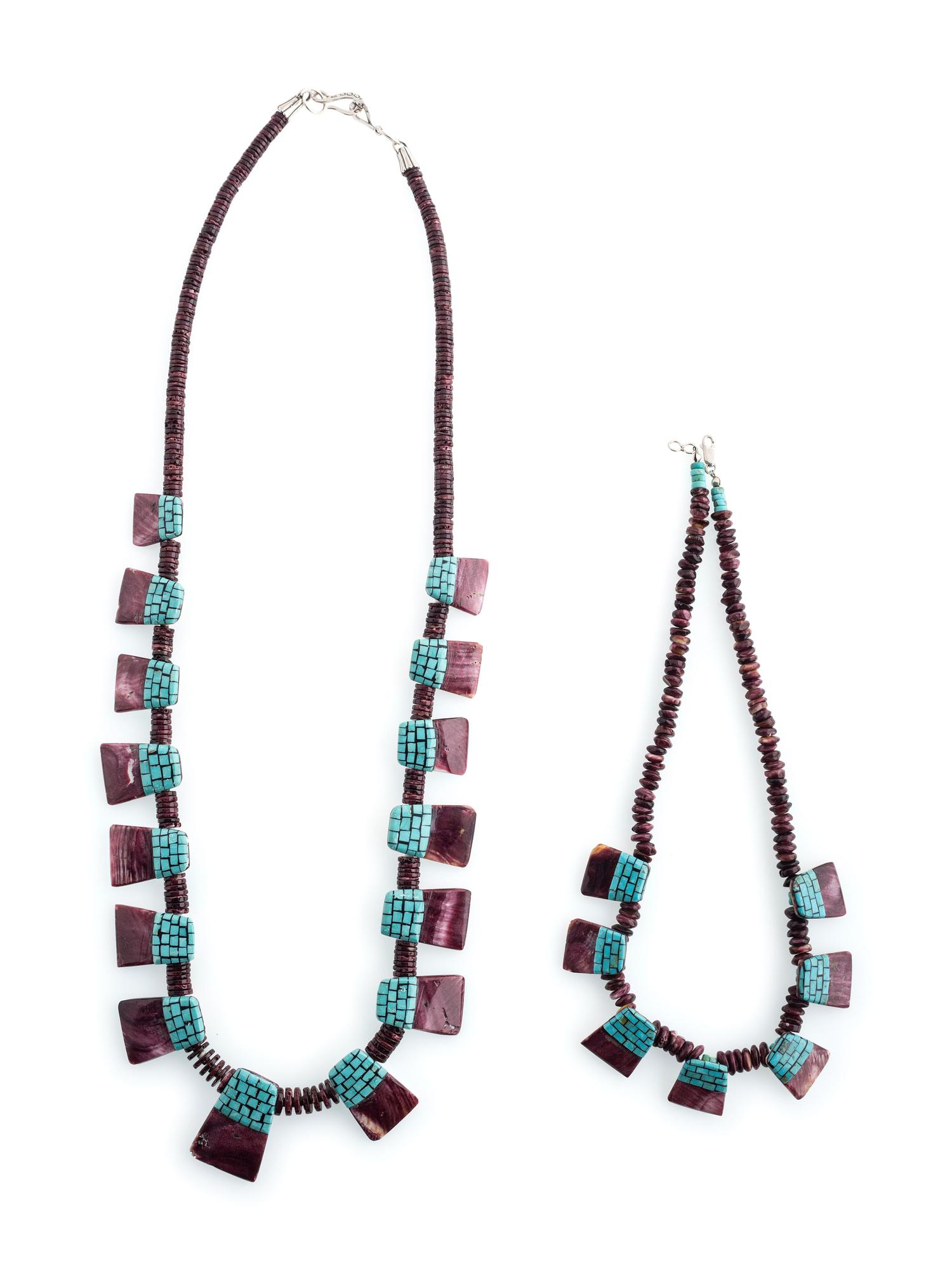 Kewa Spiny Oyster and Turquoise Mosaic Inlay Tab Necklaces
