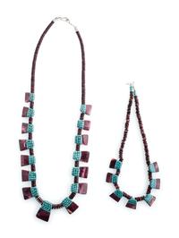 Kewa Spiny Oyster and Turquoise Mosaic Inlay Tab Necklaces