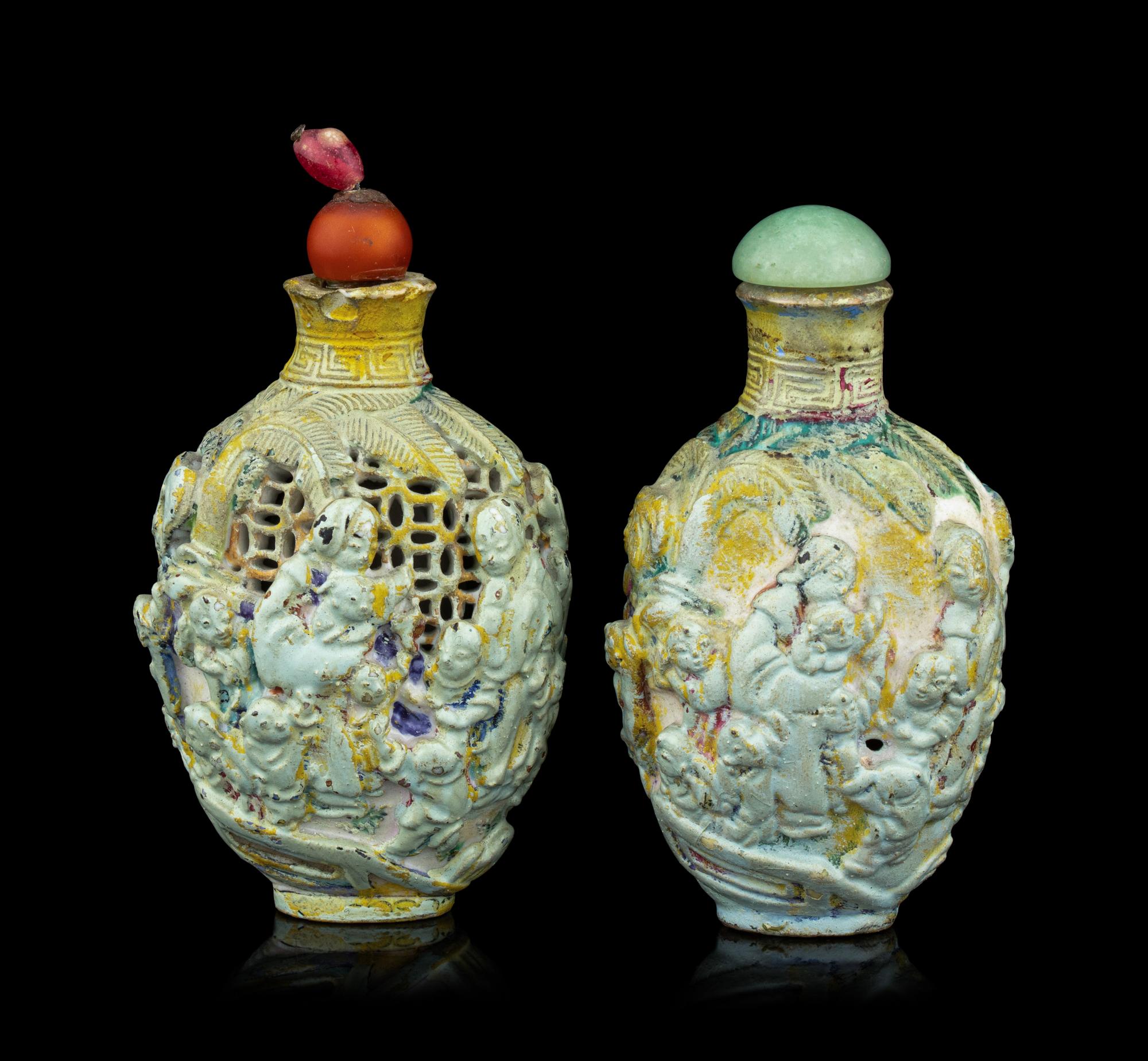 Two Chinese Molded Porcelain Snuff Bottles
