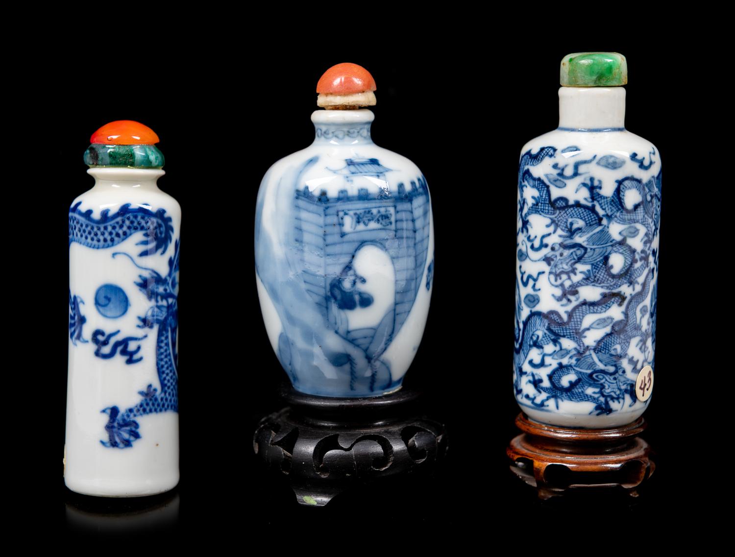 Three Blue and White Porcelain Snuff Bottles