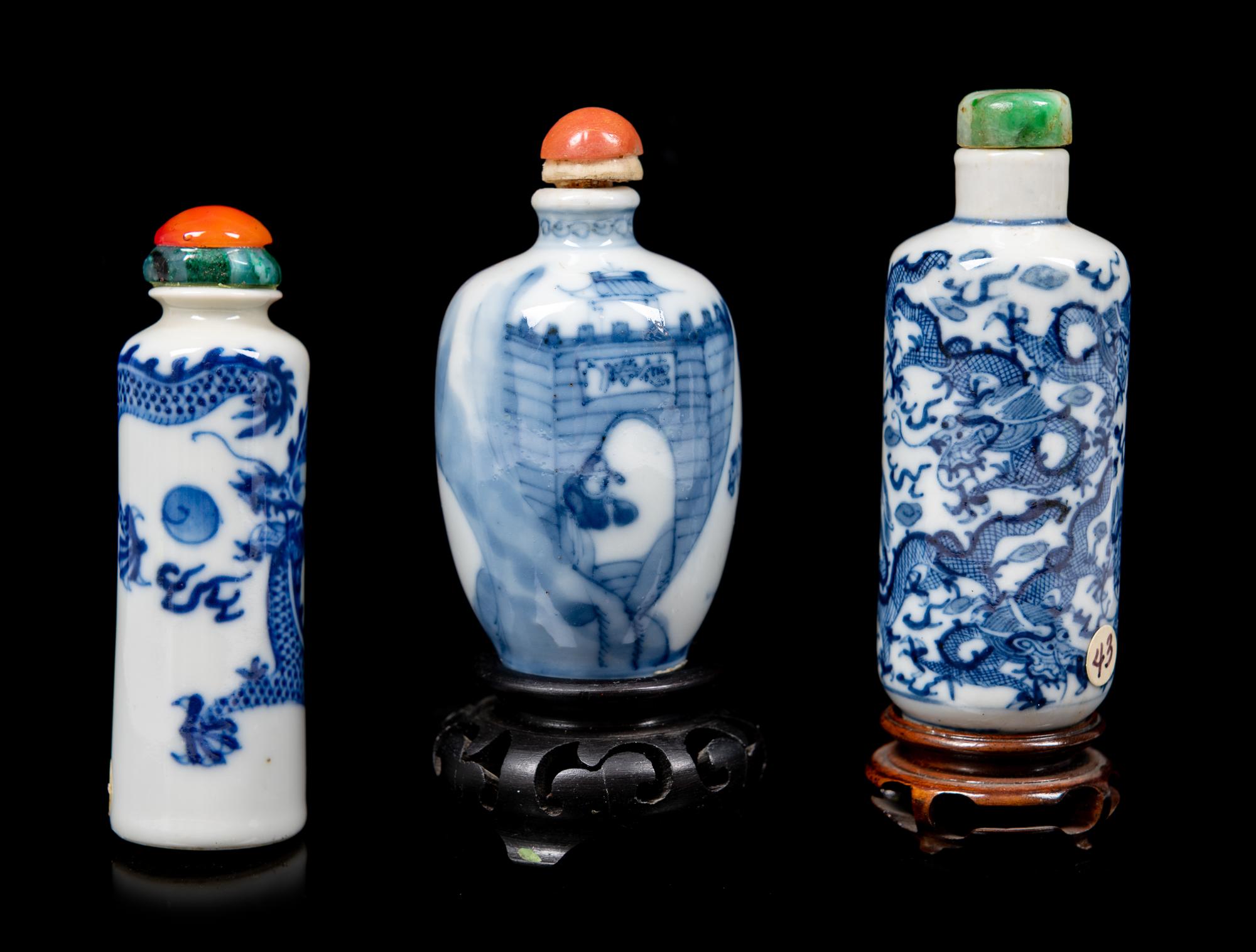 Three Blue and White Porcelain Snuff Bottles