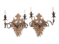 A Pair of Italian Cerused Wood and Tôle Two-Light Sconces