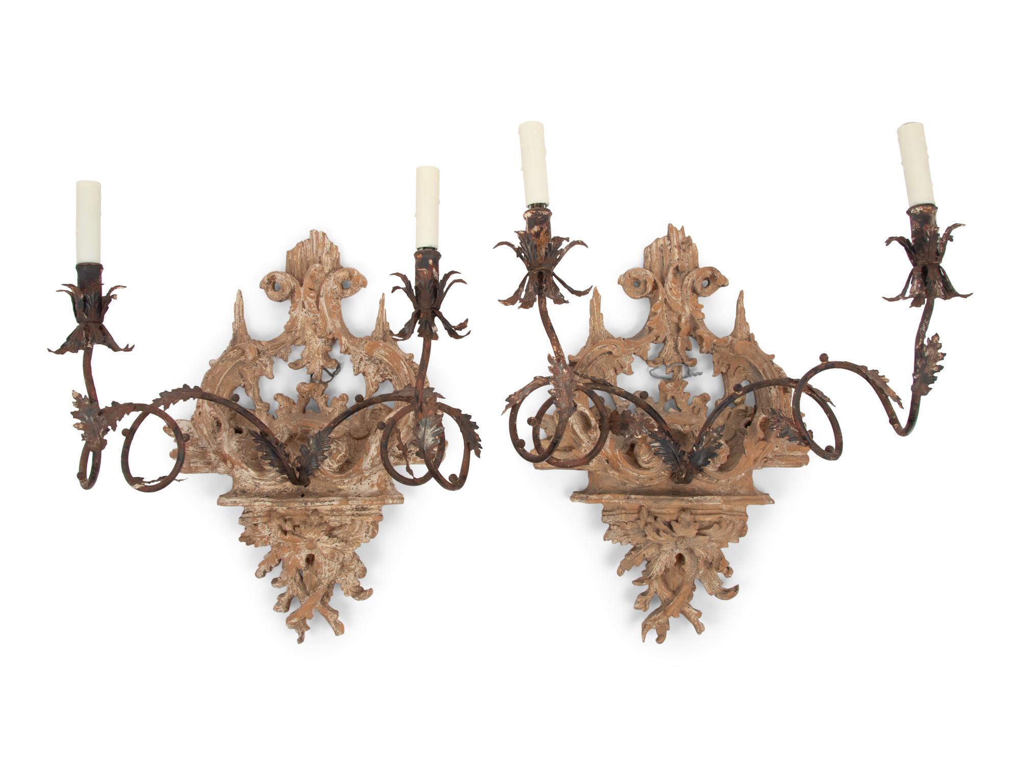 A Pair of Italian Cerused Wood and Tôle Two-Light Sconces