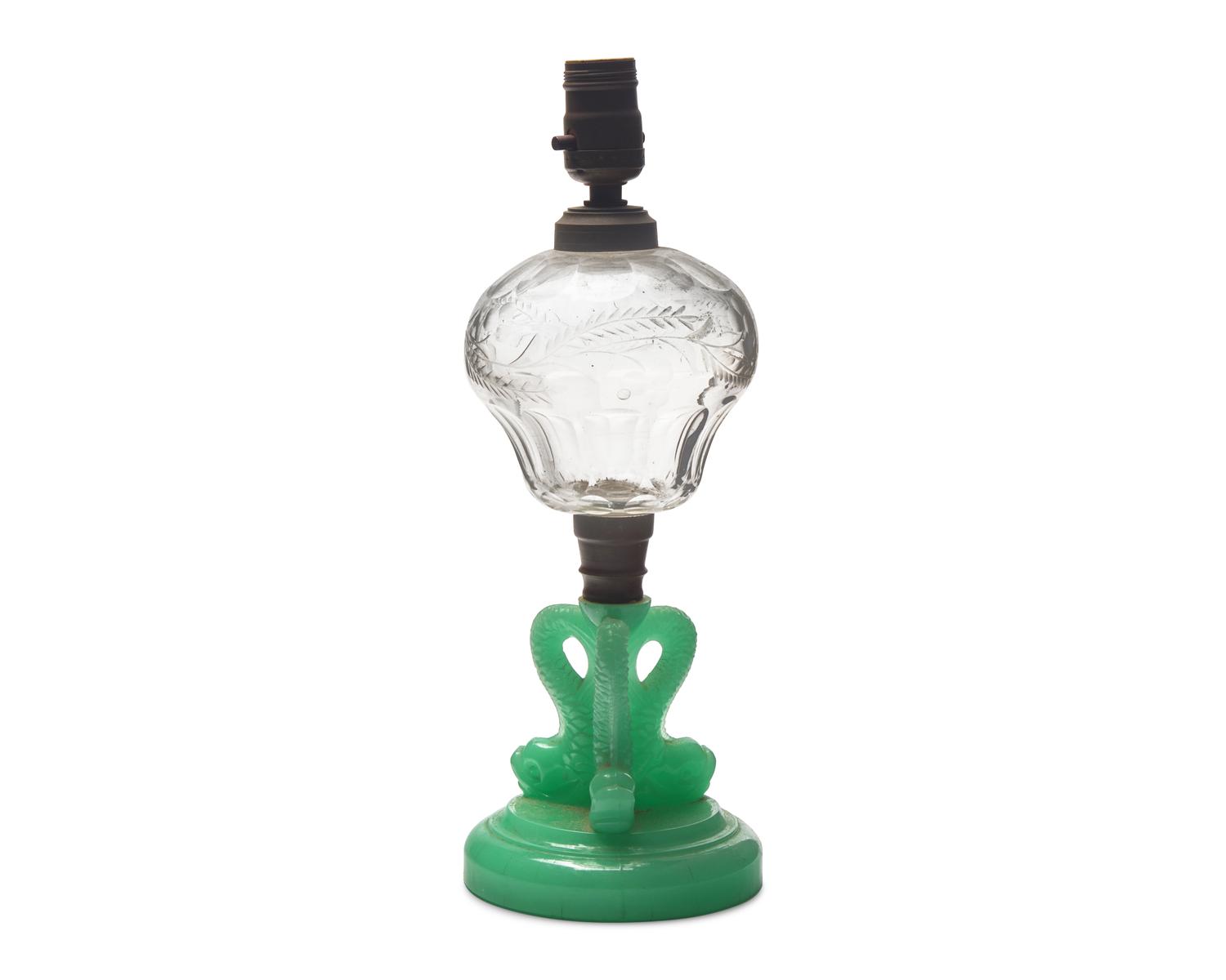 A Pressed Jade Green and Etched Clear Glass Kerosene Lamp