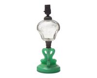 A Pressed Jade Green and Etched Clear Glass Kerosene Lamp