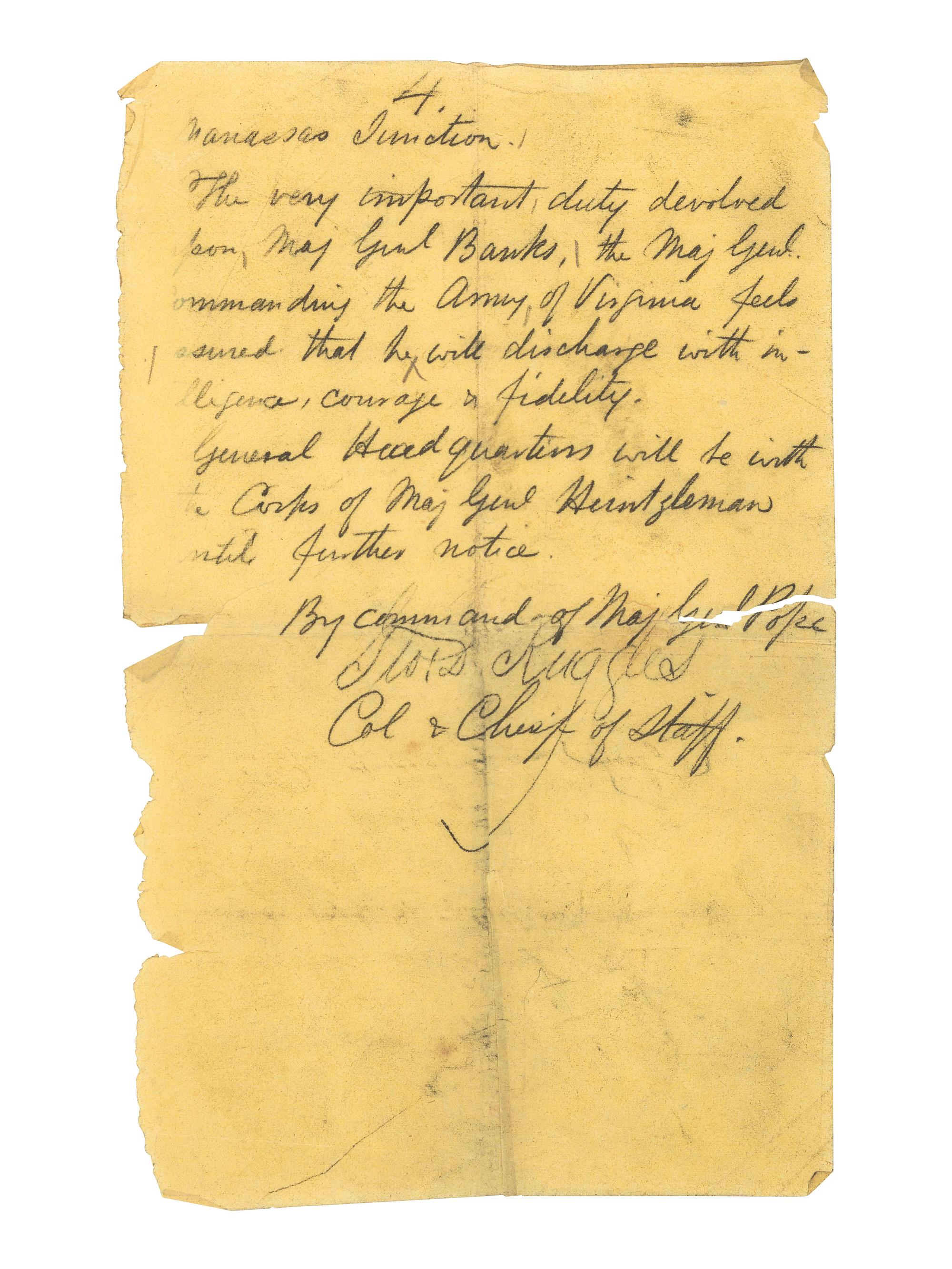 [CIVIL WAR]. Contemporary carbon copy of General Orders issued by Maj. Gen. Pope relating to the Second Battle of Bull Run, signed by George D. Ruggles as Colonel and Chief of Staff. Warrenton Junction [VA], 27 August 1862.