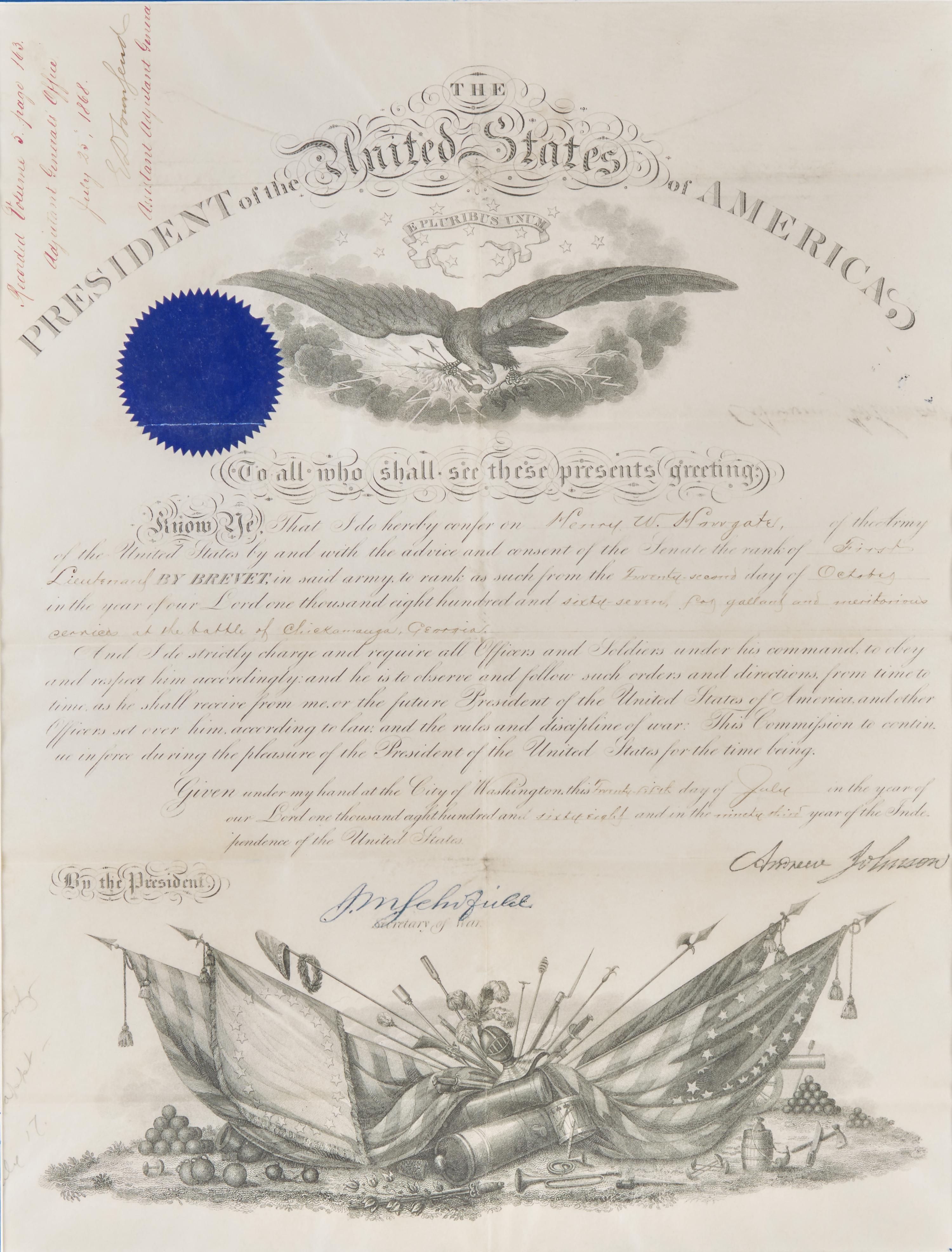 [Presidential] Johnson, Andrew. Partially-printed military commission